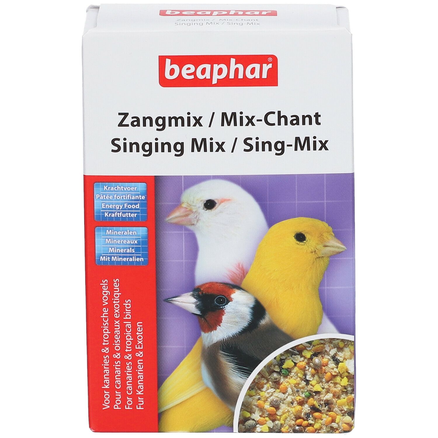 Beaphar Sing-Mix verpakking. Voorkant met productnaam en illustraties van vogels en voer.