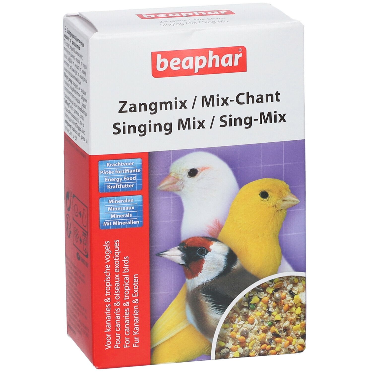 Beaphar Sing-Mix verpakking. Vooraanzicht met productnaam en illustraties van vogels en voer.