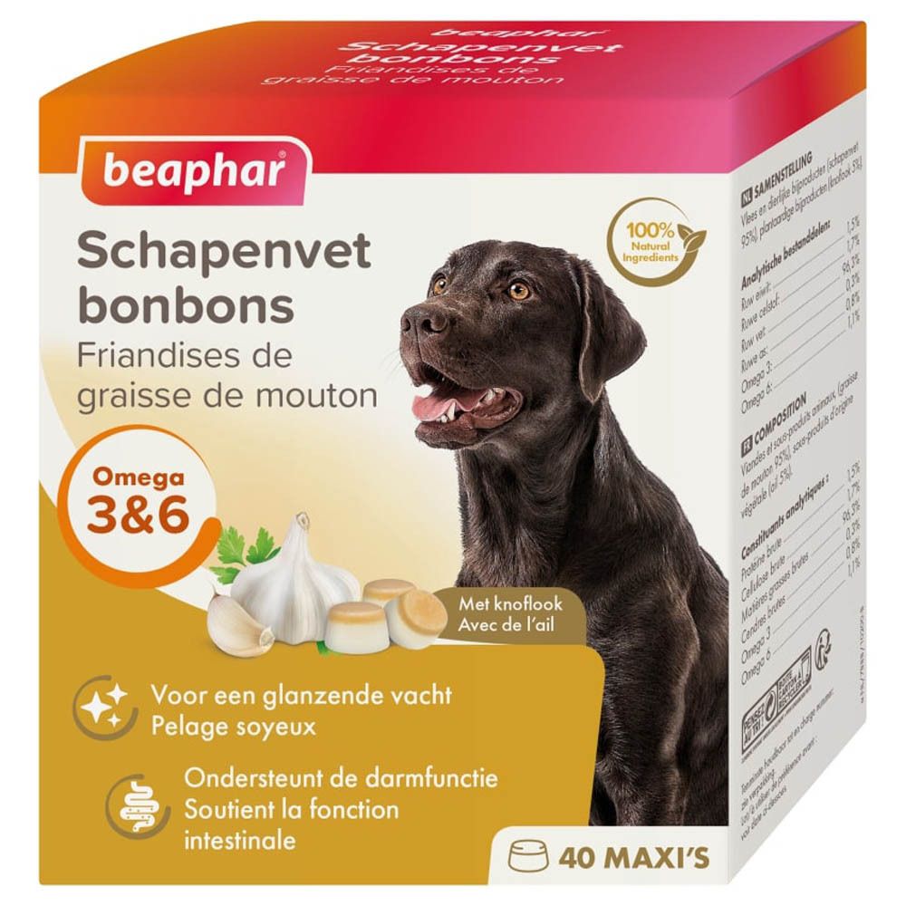 Beaphar Schapenvet bonbons verpakking. Met afbeelding van hond, knoflook en productinfo. Omega 3&6.