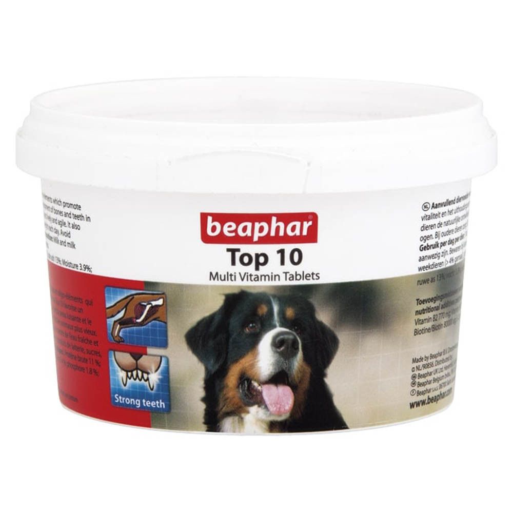 Witte pot met deksel. Opschrift: Beaphar Top 10 Multi Vitamin Tablets. Afbeelding van een hond.