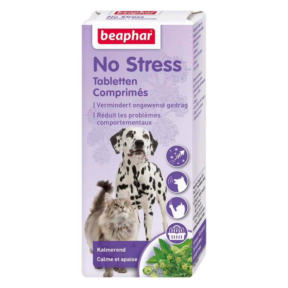 Beaphar No Stress verpakking. Illustratie van dalmatiër, kat en kruiden. Tekst: No Stress, tabletten, Kalmerend, Calme et apaise.