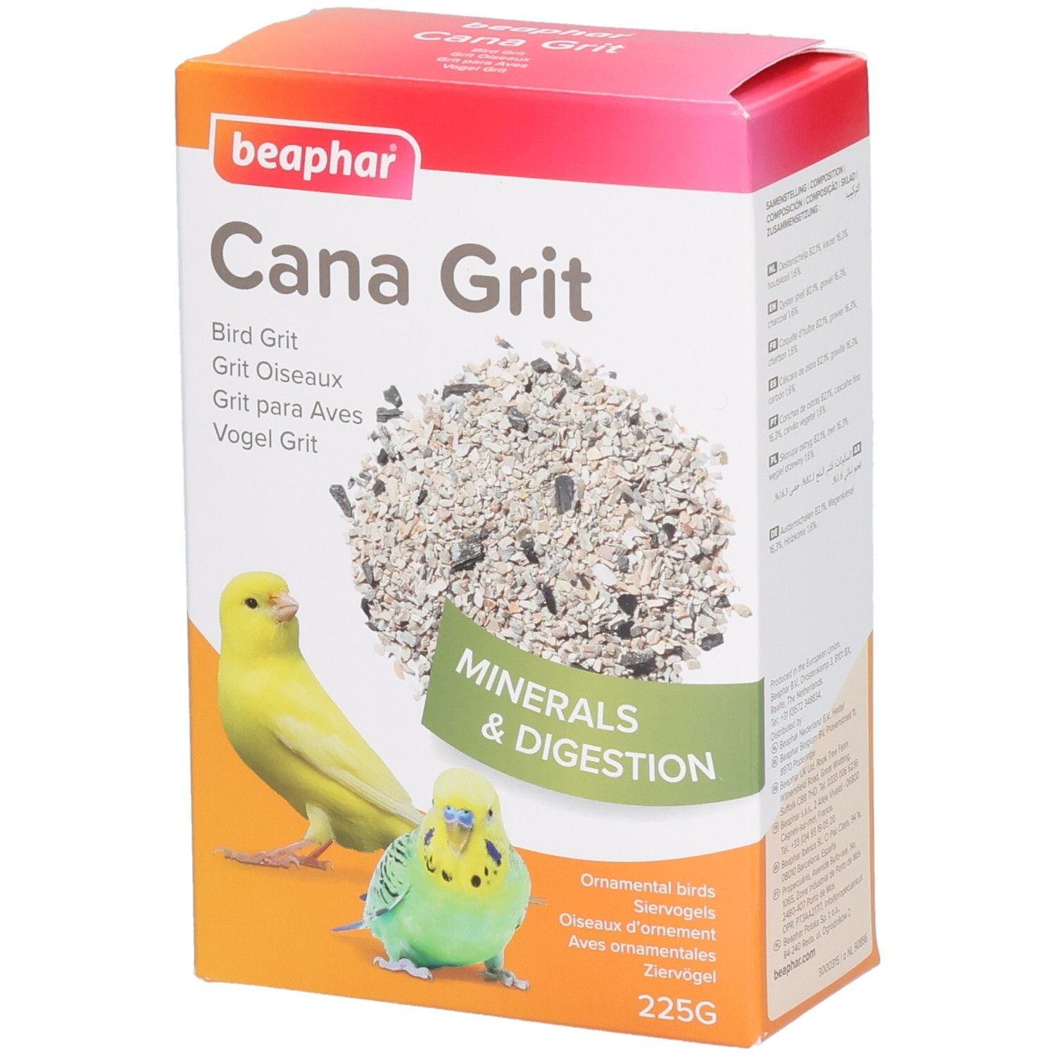 Boîte Beaphar Cana Grit. Inscription : nourriture pour oiseaux, minéraux et digestion. Illustration : oiseau jaune et vert. 225g.