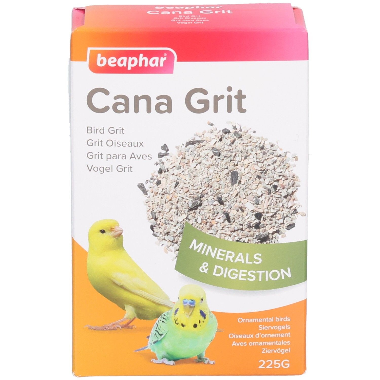 Boîte Beaphar Cana Grit. Inscription : nourriture pour oiseaux, minéraux et digestion. Illustration : oiseau jaune et vert. 225g.