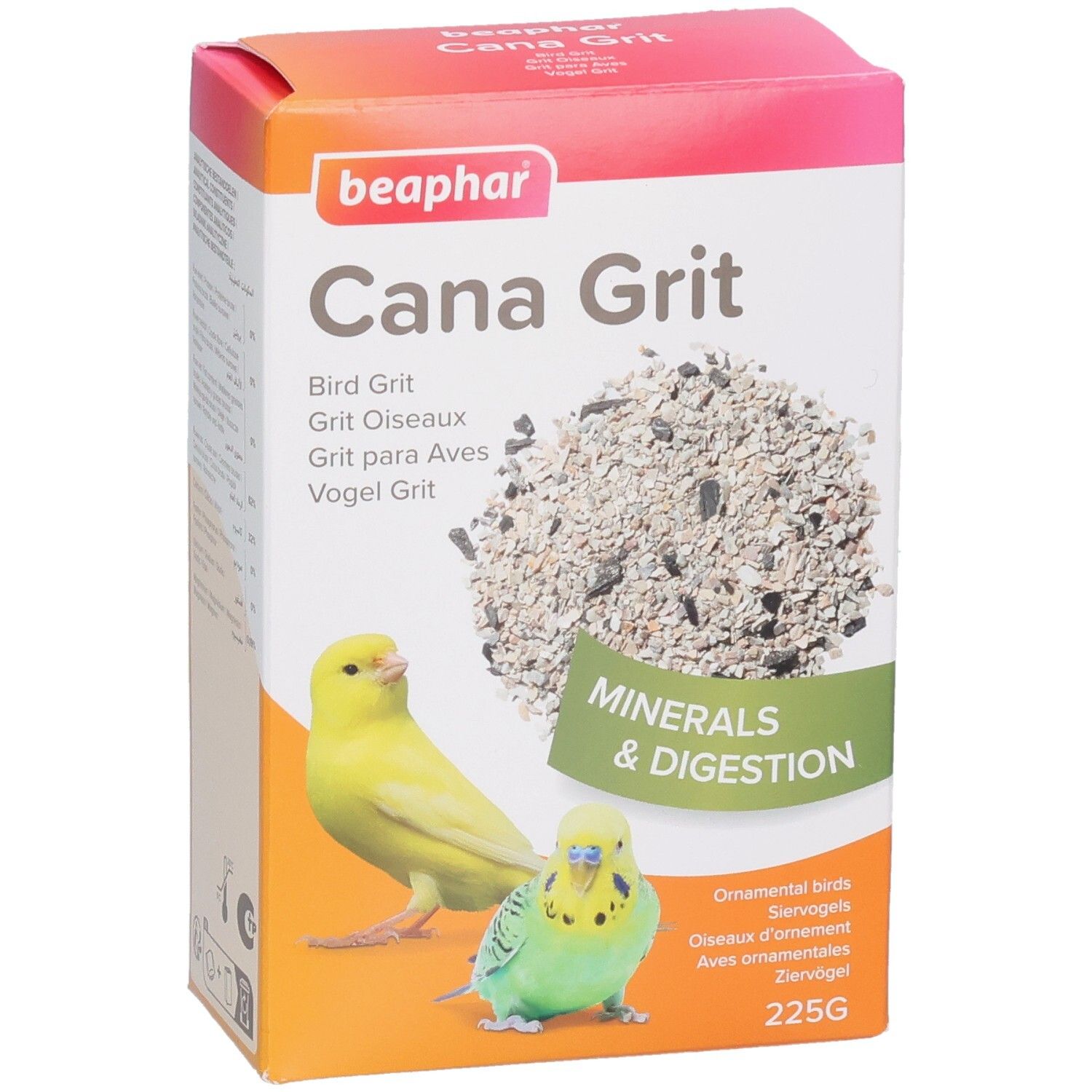 Boîte Beaphar Cana Grit. Inscription : nourriture pour oiseaux, minéraux et digestion. Illustration : oiseau jaune et vert. 225g.