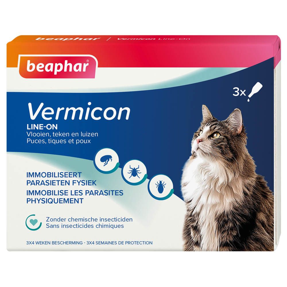 Verpakking met productafbeelding. Bevat 3 x 1 ml. Merk: beaphar. Productnaam: VERMICON Line-on voor katten.