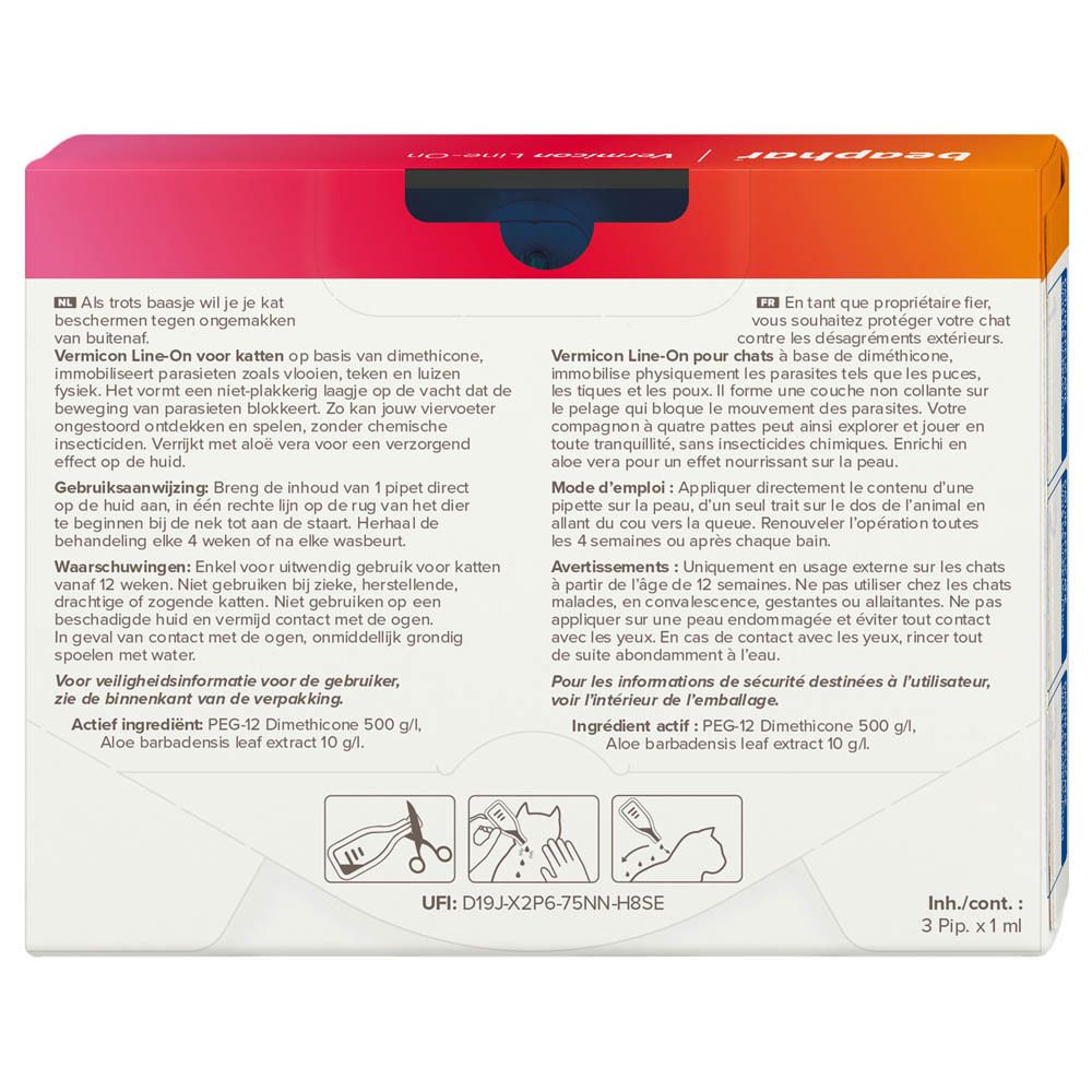 Verpakking met productafbeelding. Bevat 3 x 1 ml. Merk: beaphar. Productnaam: VERMICON Line-on voor katten.