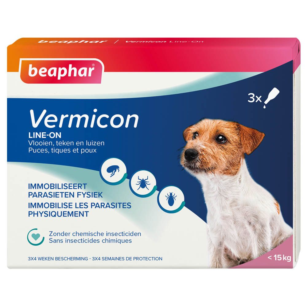 Beaphar Vermicon verpakking. Productnaam, hond, symbolen vlooien, teken en luizen. Bevat 3 pipetten.