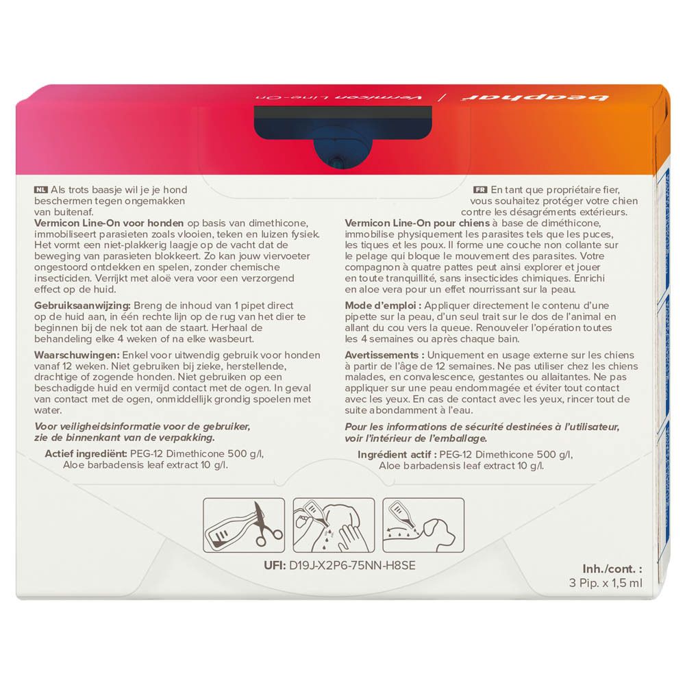 Dos de la boîte Beaphar Vermicon. Texte en allemand et français. Contient 3 pipettes de 1,5 ml.