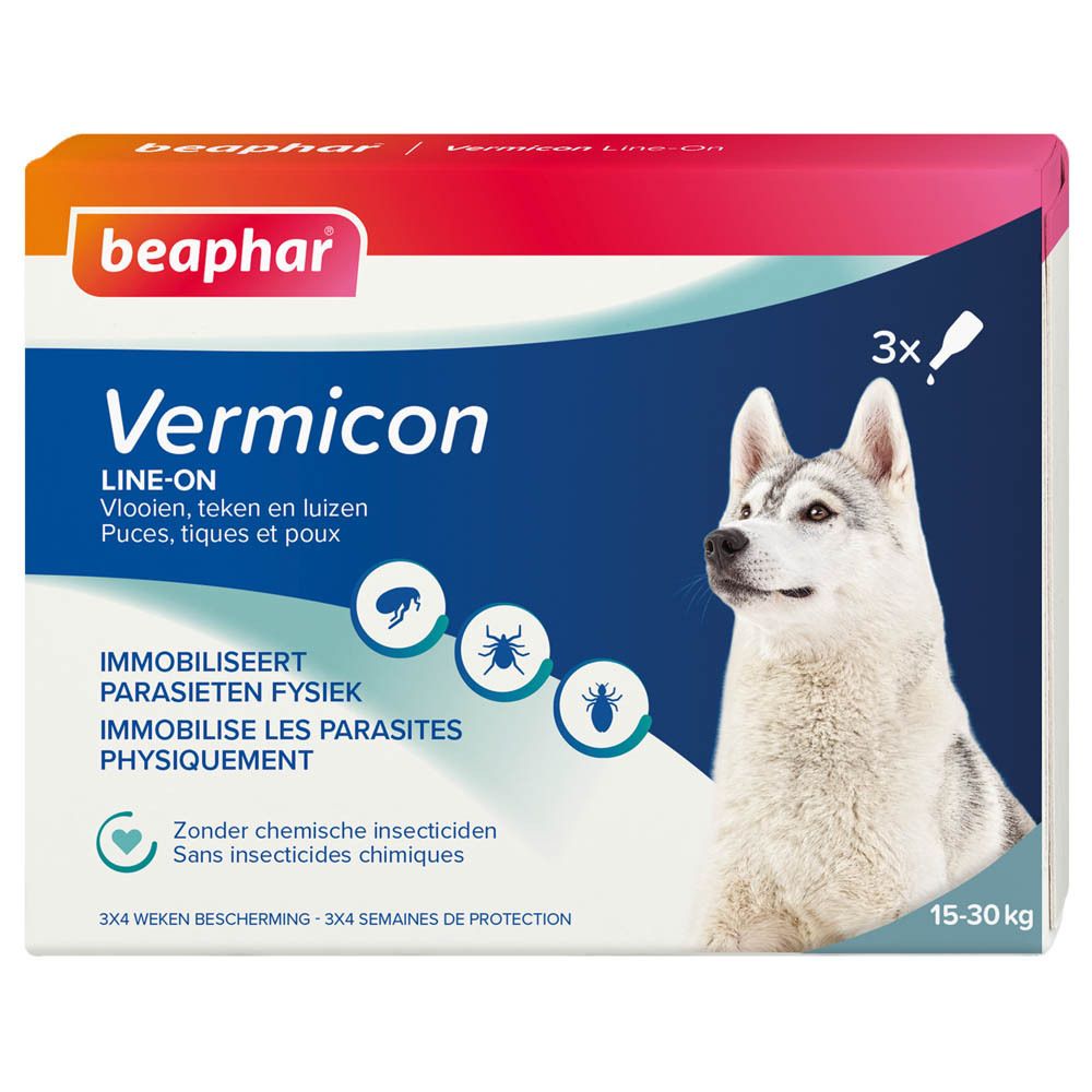 Boîte de beaphar VERMICON Line-On. Contient 3 pipettes. Image d'un chien. Emballage bleu et blanc.