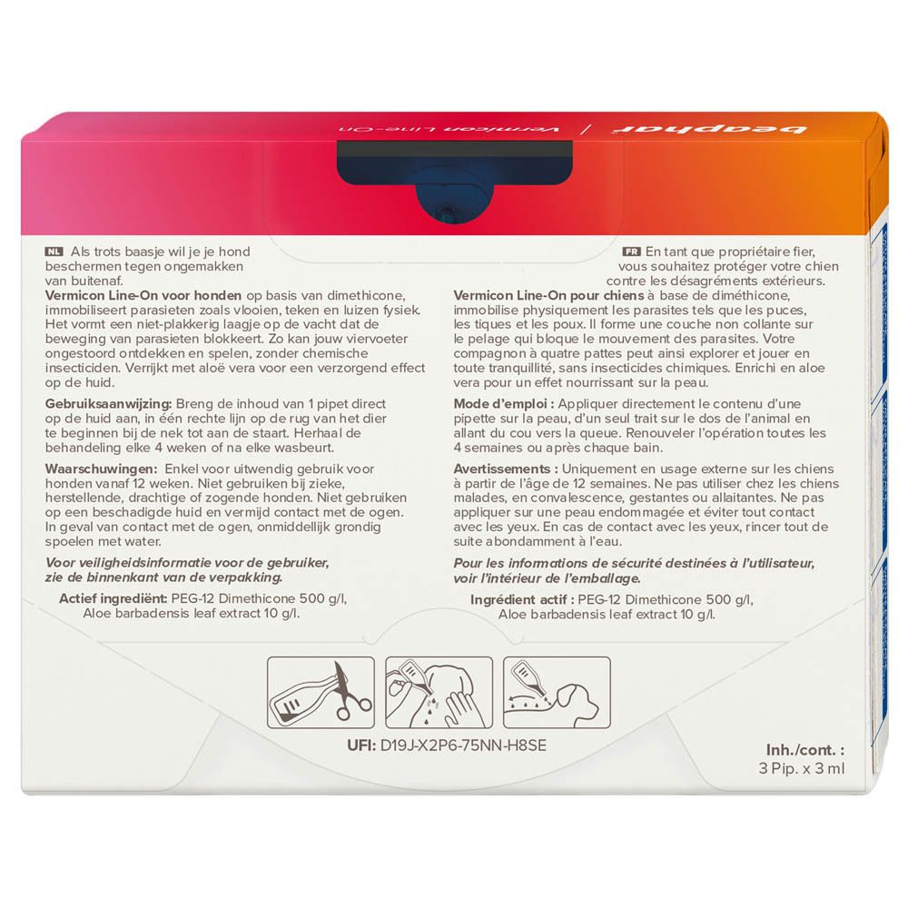Dos de l'emballage de beaphar VERMICON Line-On. Texte en allemand, français, néerlandais. Contient 3 pipettes de 3 ml.