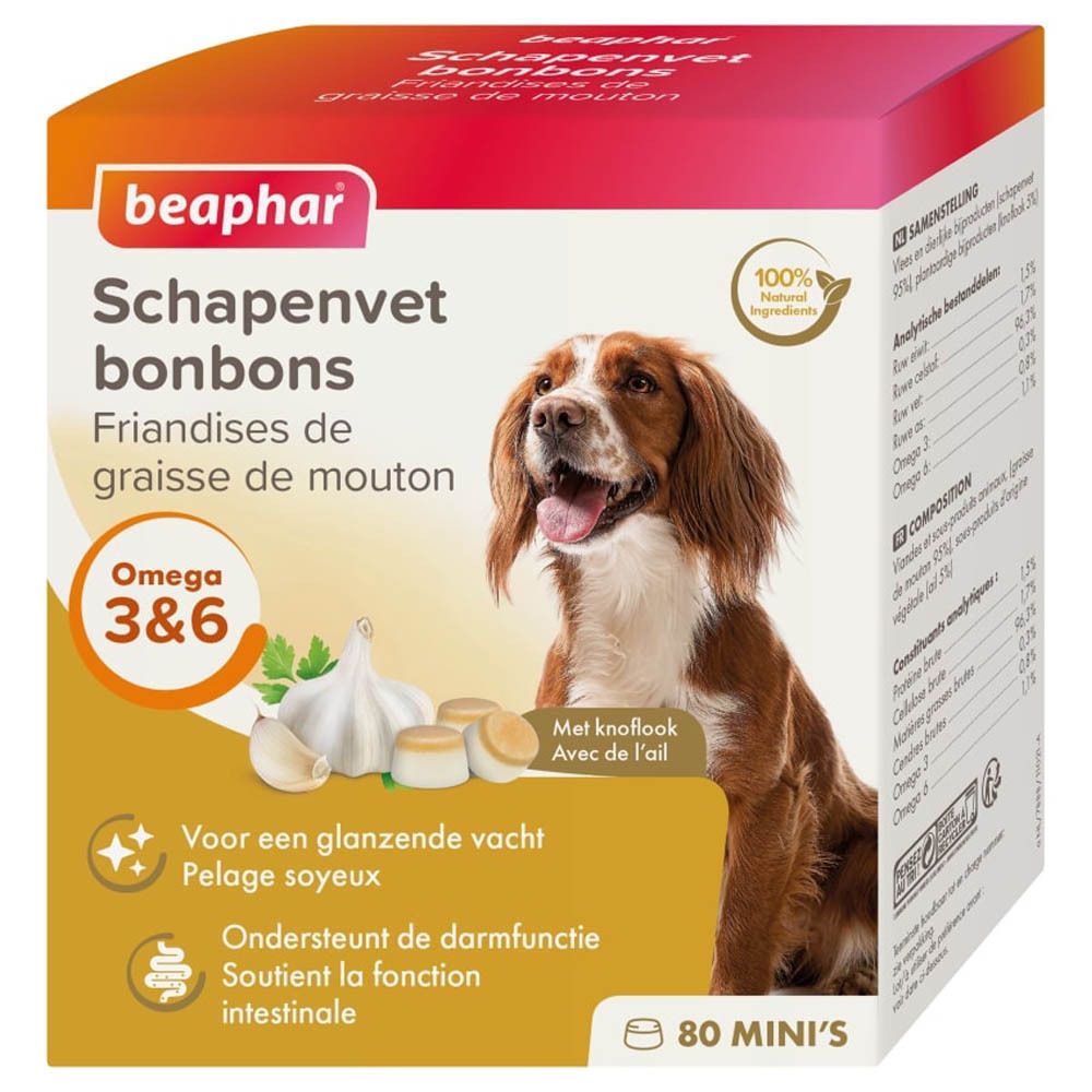 Boîte de friandises Beaphar Schapenvet bonbons. Chien, ail et Omega 3&6. 80 mini.
