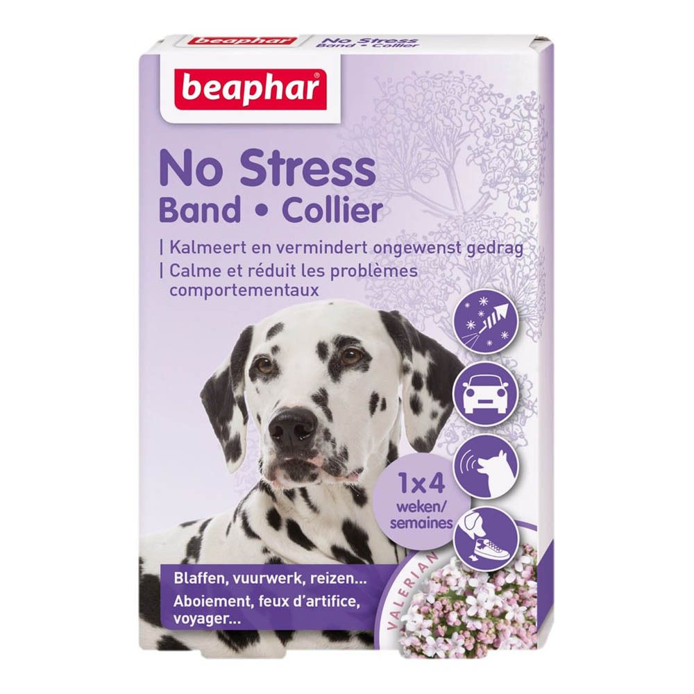 Verpakking Beaphar No Stress Band • Collier. Afbeelding van een dalmatiër. Tekst: Kalmeert en vermindert ongewenst gedrag.