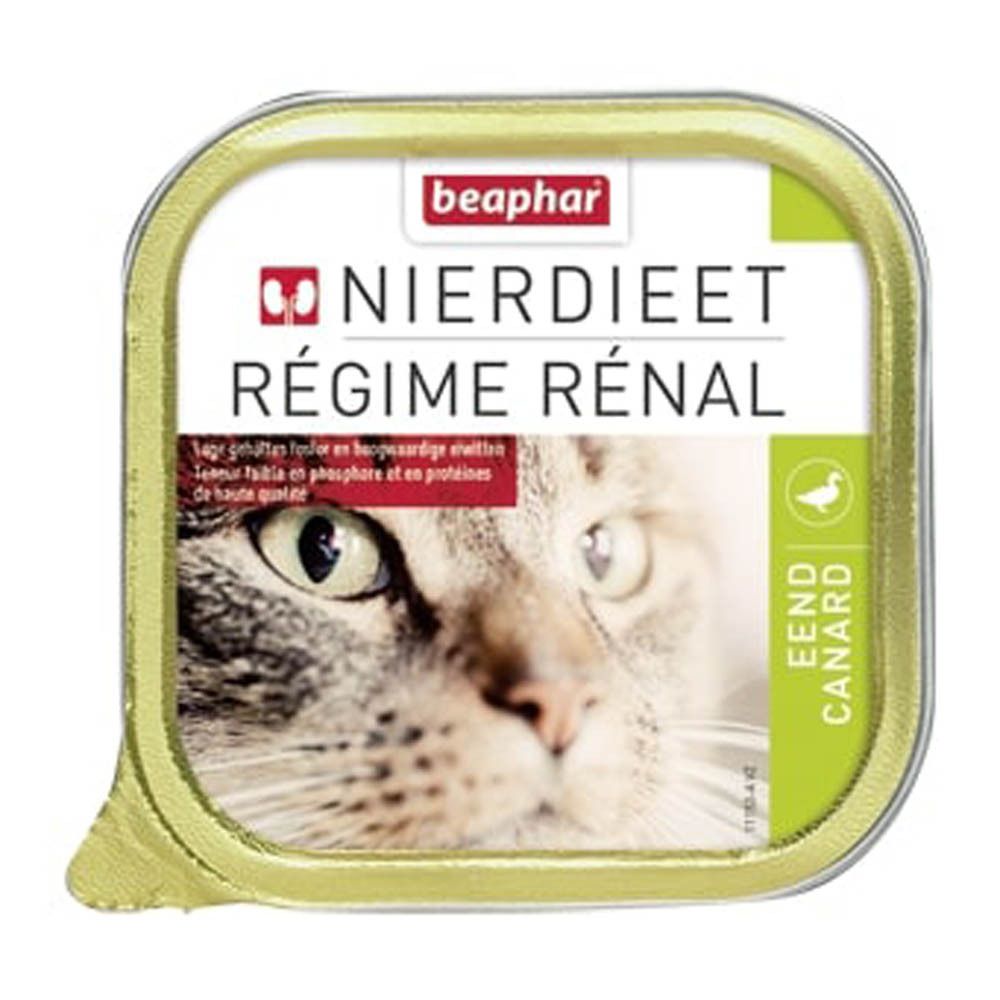 Vierkant bakje met deksel. Opdruk: productnaam, kat, logo. Tekst: Nierdiëet Régime Rénal, Eend Canard.