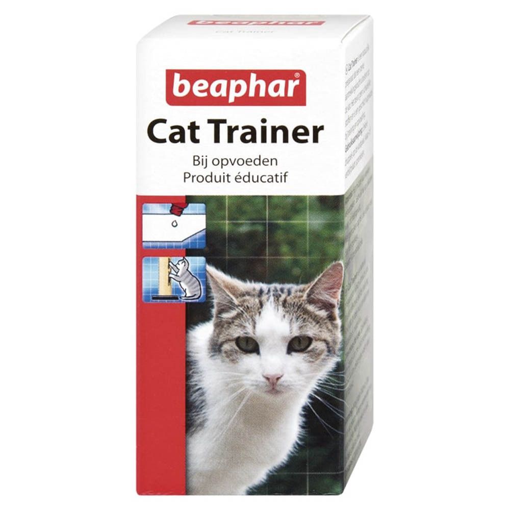 Productverpakking. Witte doos met productnaam en kattenafbeelding. Merk: beaphar Cat Trainer. Product: Produit éducatif.