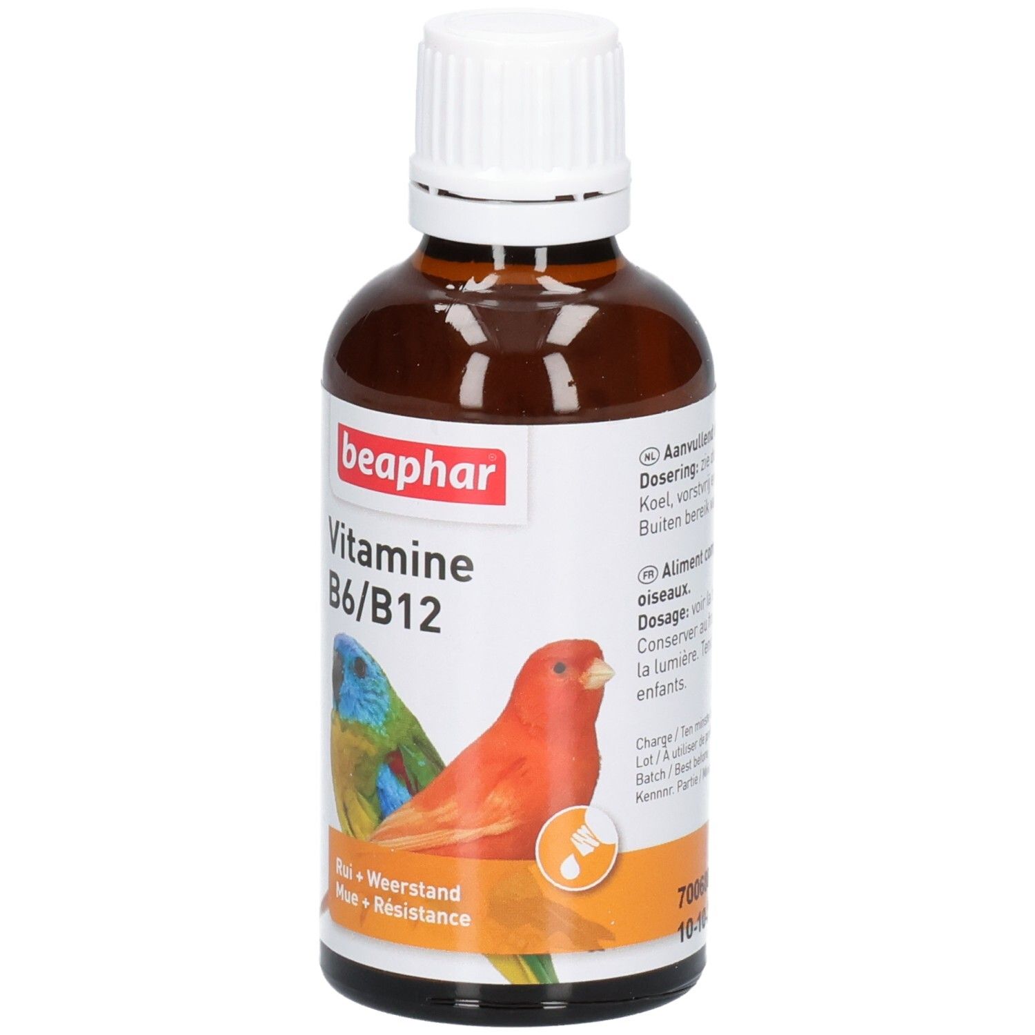 Bruine glazen fles met witte dop. Etiket met "beaphar Vitamine B6/B12" en papegaaien. "Rui + Weerstand + Résistance". 