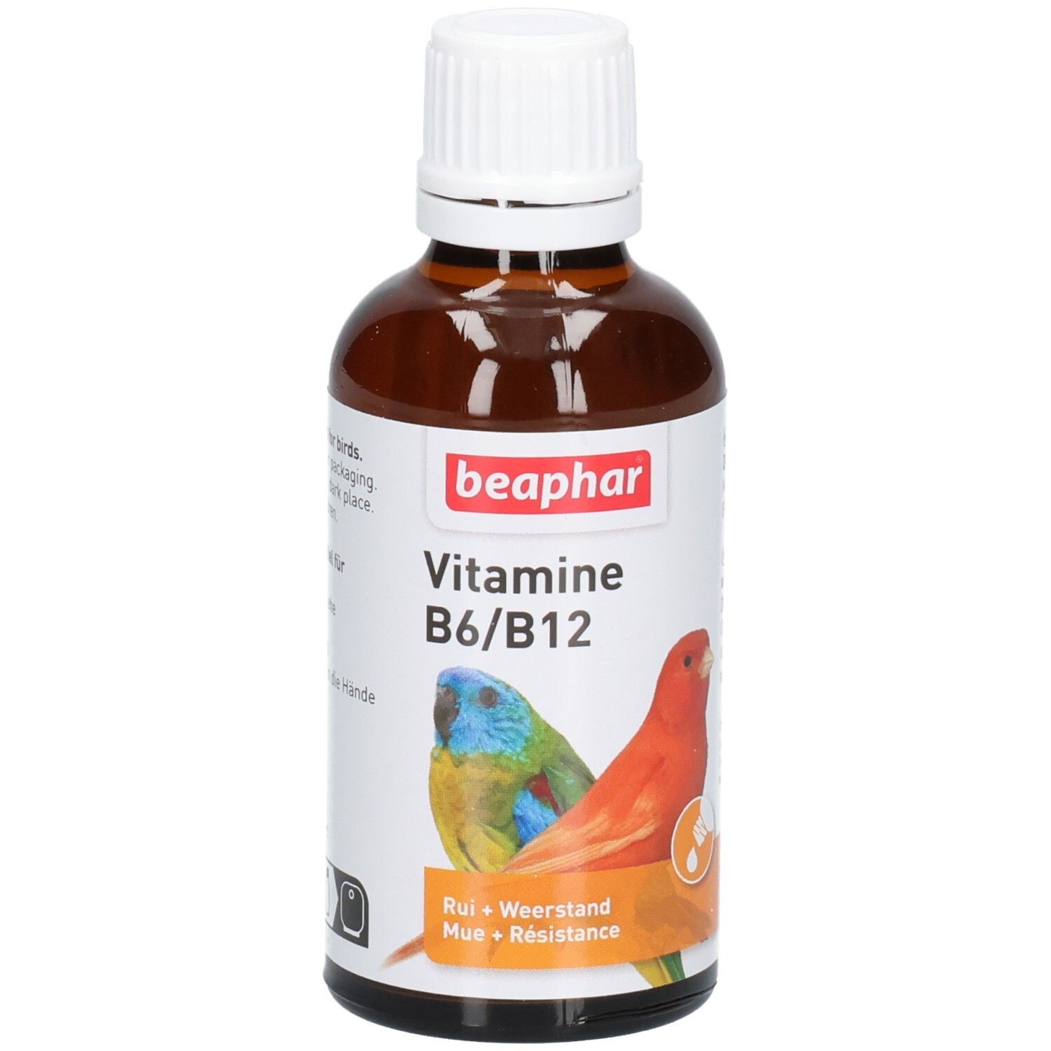 Bruine glazen fles met witte dop. Etiket met "beaphar Vitamine B6/B12" en papegaaien. "Rui + Weerstand + Résistance". 