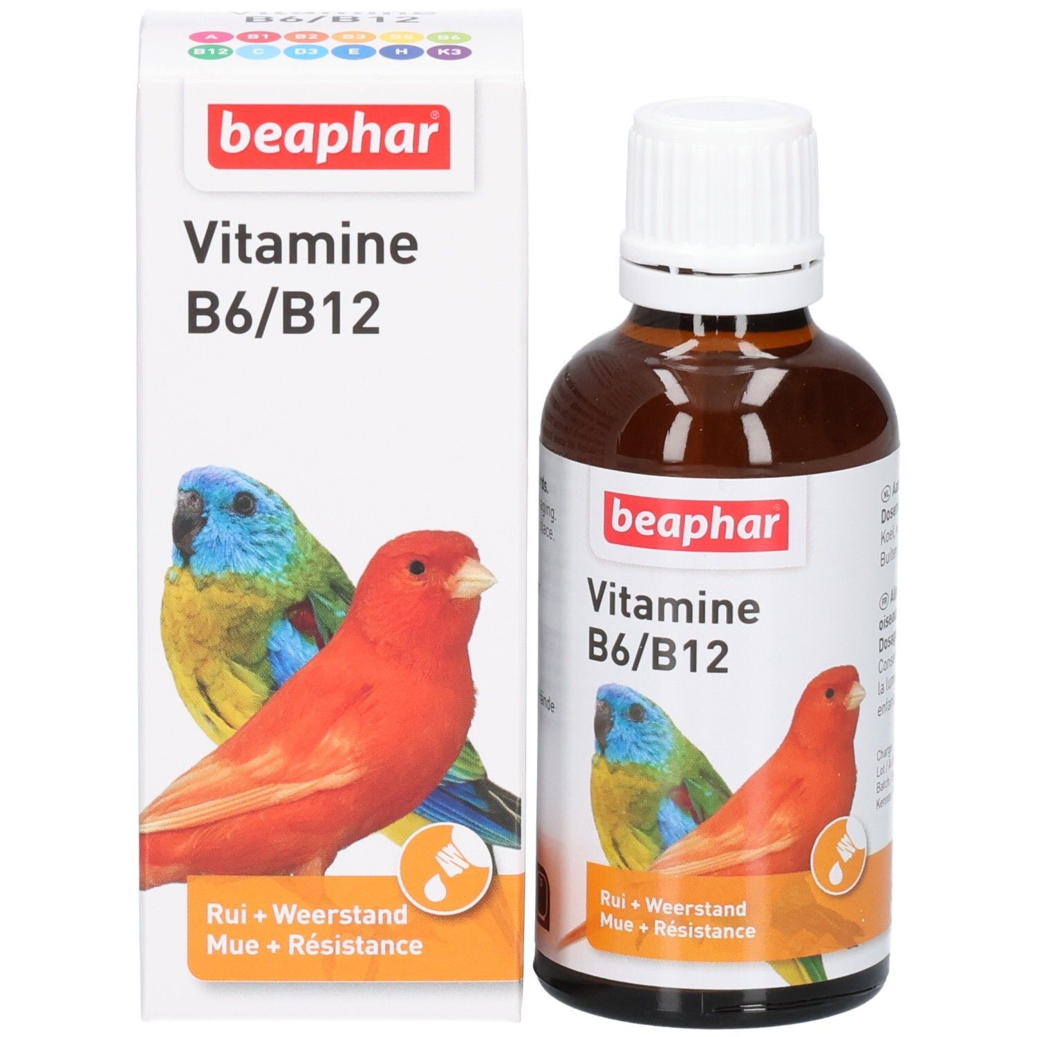 Productverpakking en fles. Verpakking: "beaphar Vitamine B6/B12" en papegaaien. Fles: bruin, witte dop, etiket.