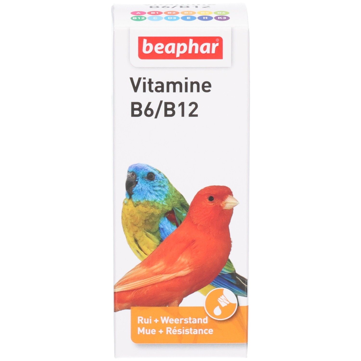 Productverpakking. "beaphar Vitamine B6/B12" en papegaaien. "Rui + Weerstand + Résistance".