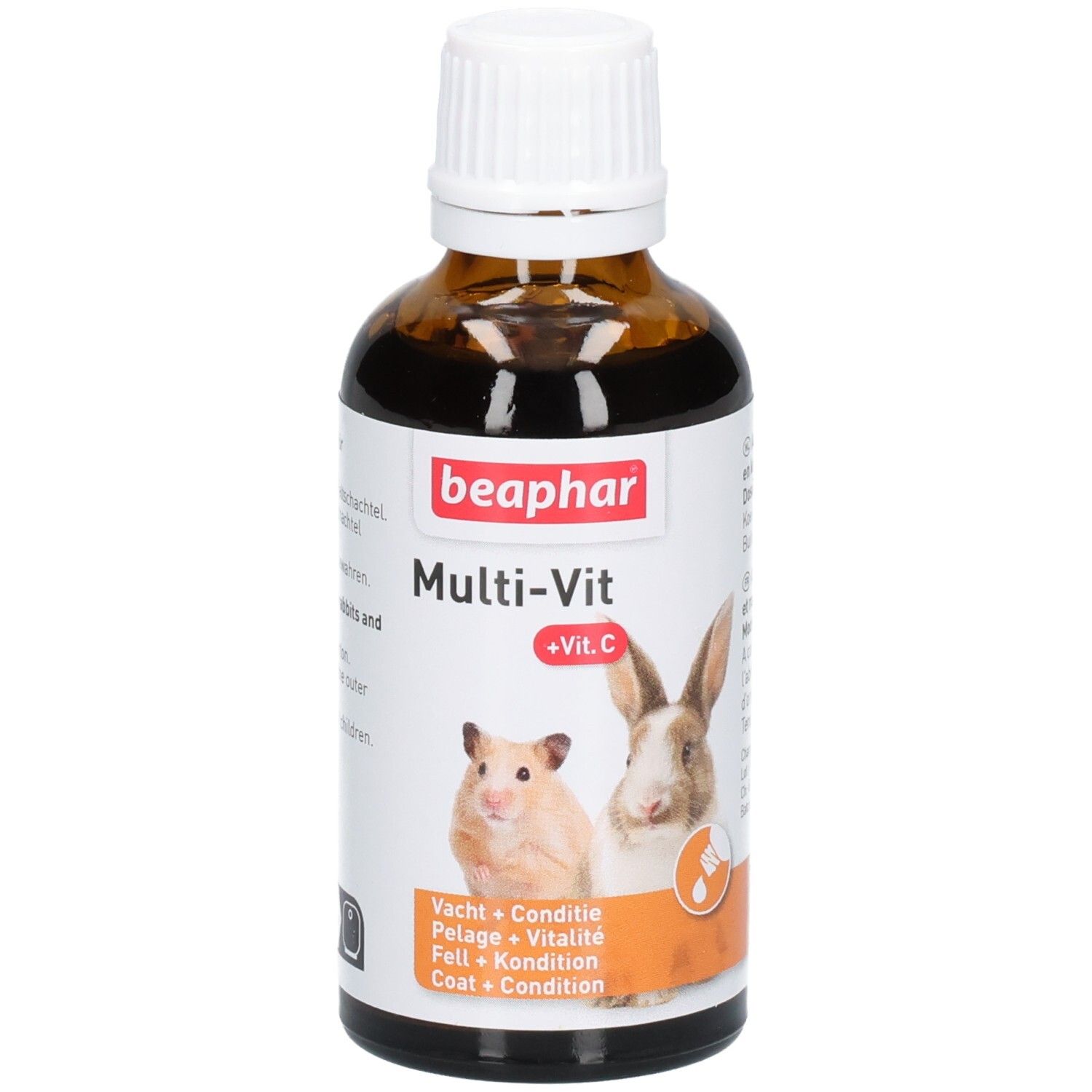 Bruine glazen fles met witte dop. Etiket met hamster, konijn en productnaam. Tekst: Multi-Vit +Vit.C.