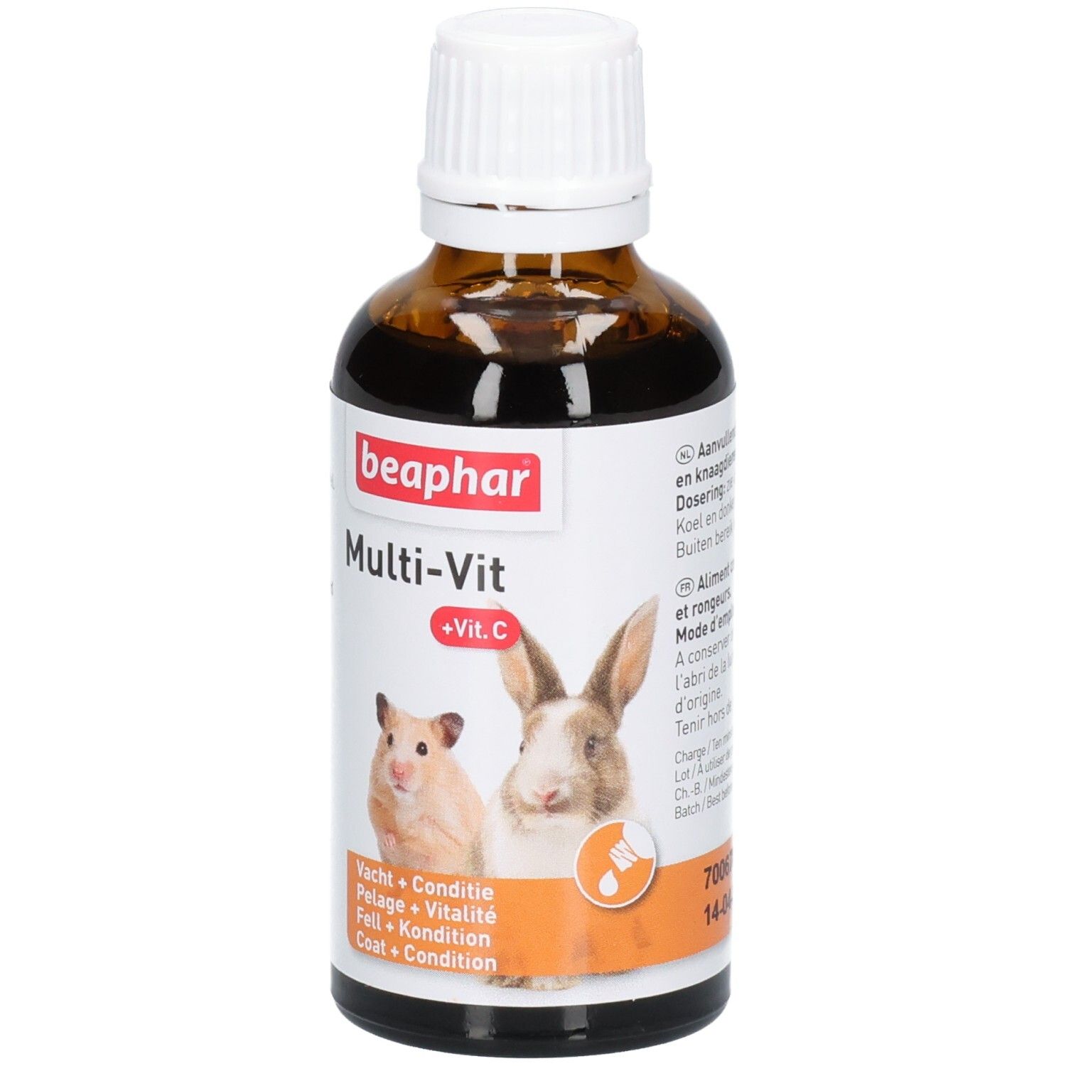 Bruine glazen fles met witte dop. Etiket met hamster, konijn en productnaam. Tekst: Multi-Vit +Vit.C.