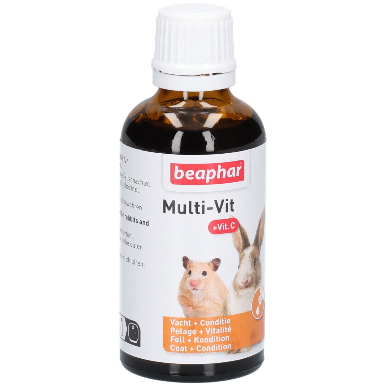 Bruine glazen fles met witte dop. Etiket met hamster, konijn en productnaam. Tekst: Multi-Vit +Vit.C.