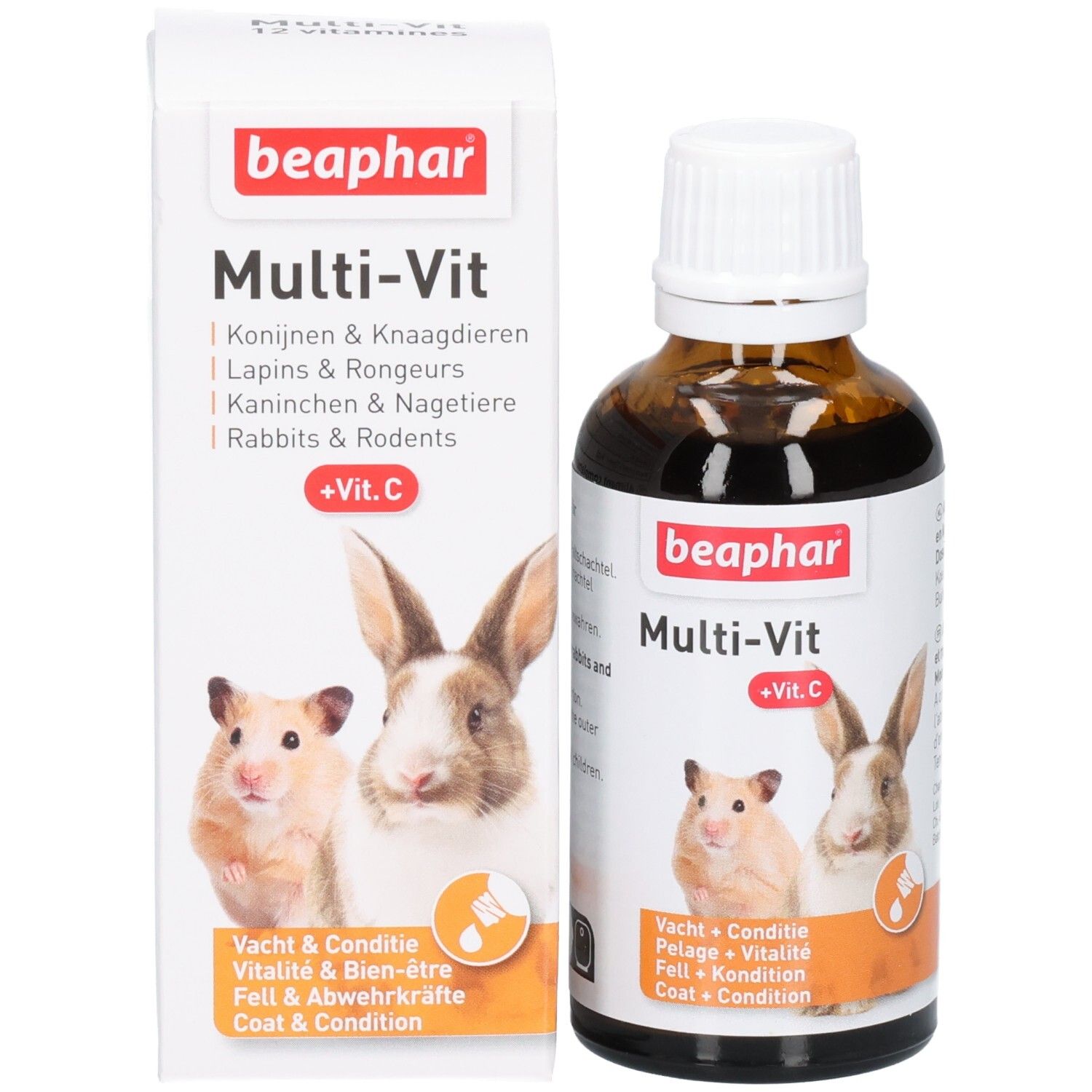 Product en verpakking. Fles en doos. Op de doos staat: Beaphar Multi-Vit +Vit.C. Met hamster en konijn.