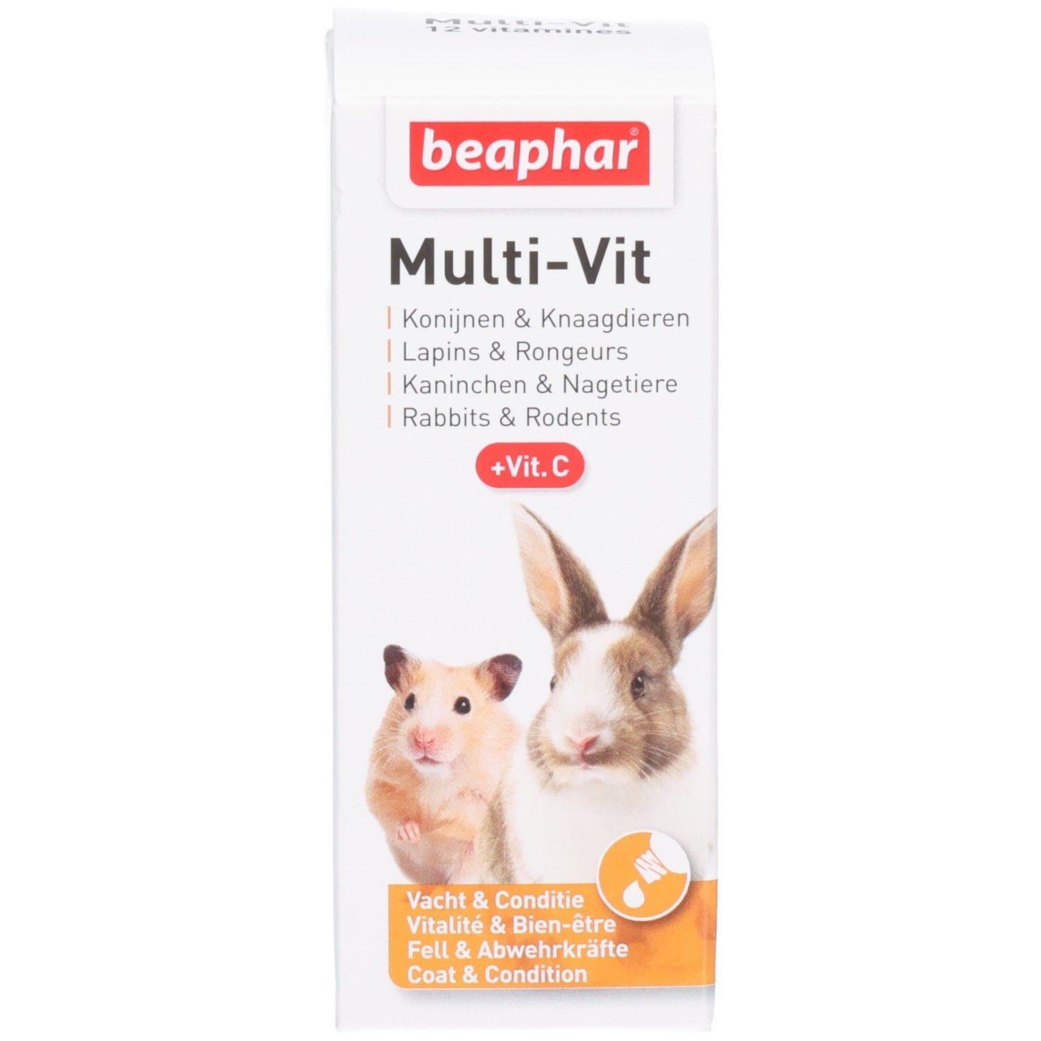 Kartonnen verpakking. Opdruk: Beaphar Multi-Vit +Vit.C. Met hamster en konijn. Tekst: Konijnen & Knaagdieren.