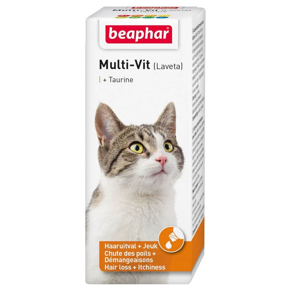 Productverpakking. Verpakking met productnaam, kat en tekst. Beaphar Multi-Vit (Laveta) + Taurine.