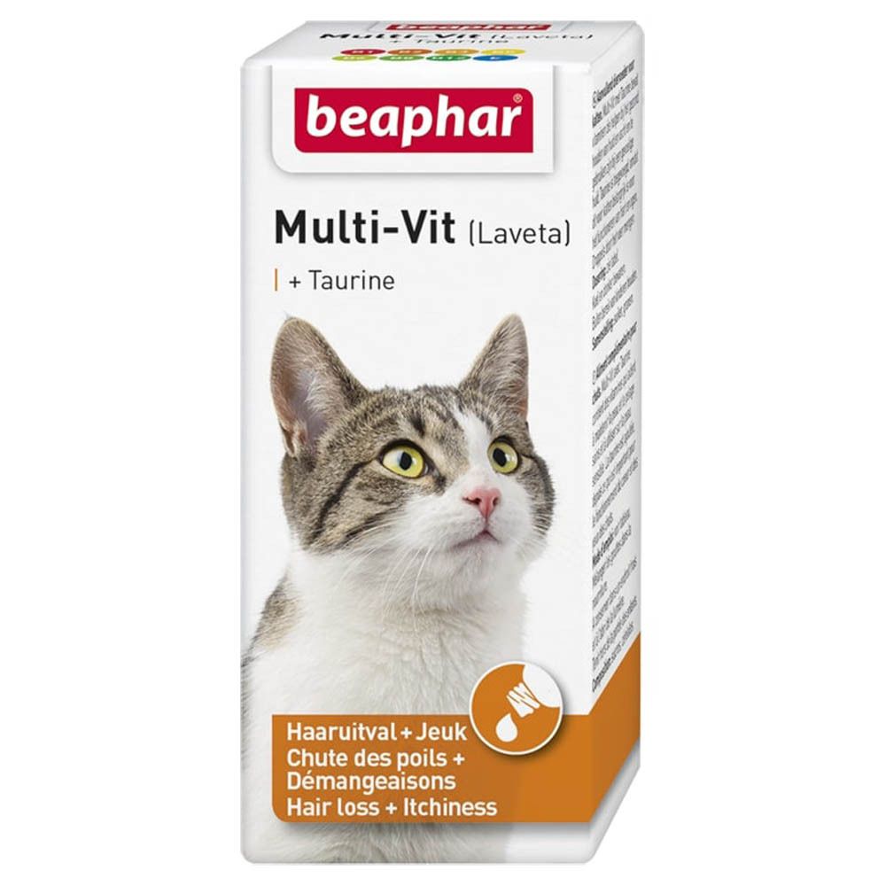 Productverpakking. Beaphar Multi-Vit (Laveta) + Taurine. Kat en productnaam.