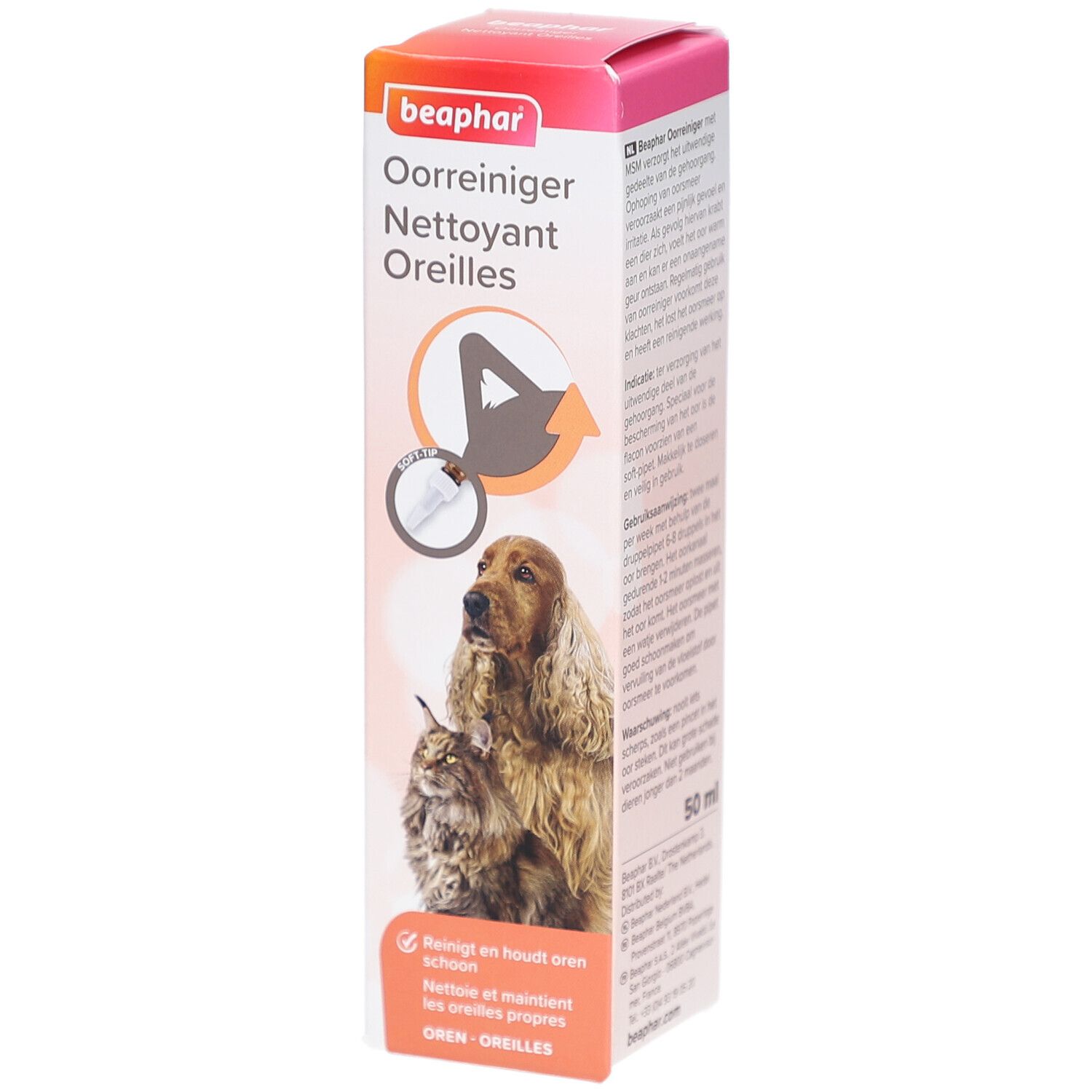 Boîte de Beaphar Nettoyant Oreilles. Illustration d'un chien et d'un chat. Texte: Oorreiniger, Nettoyant Oreilles.