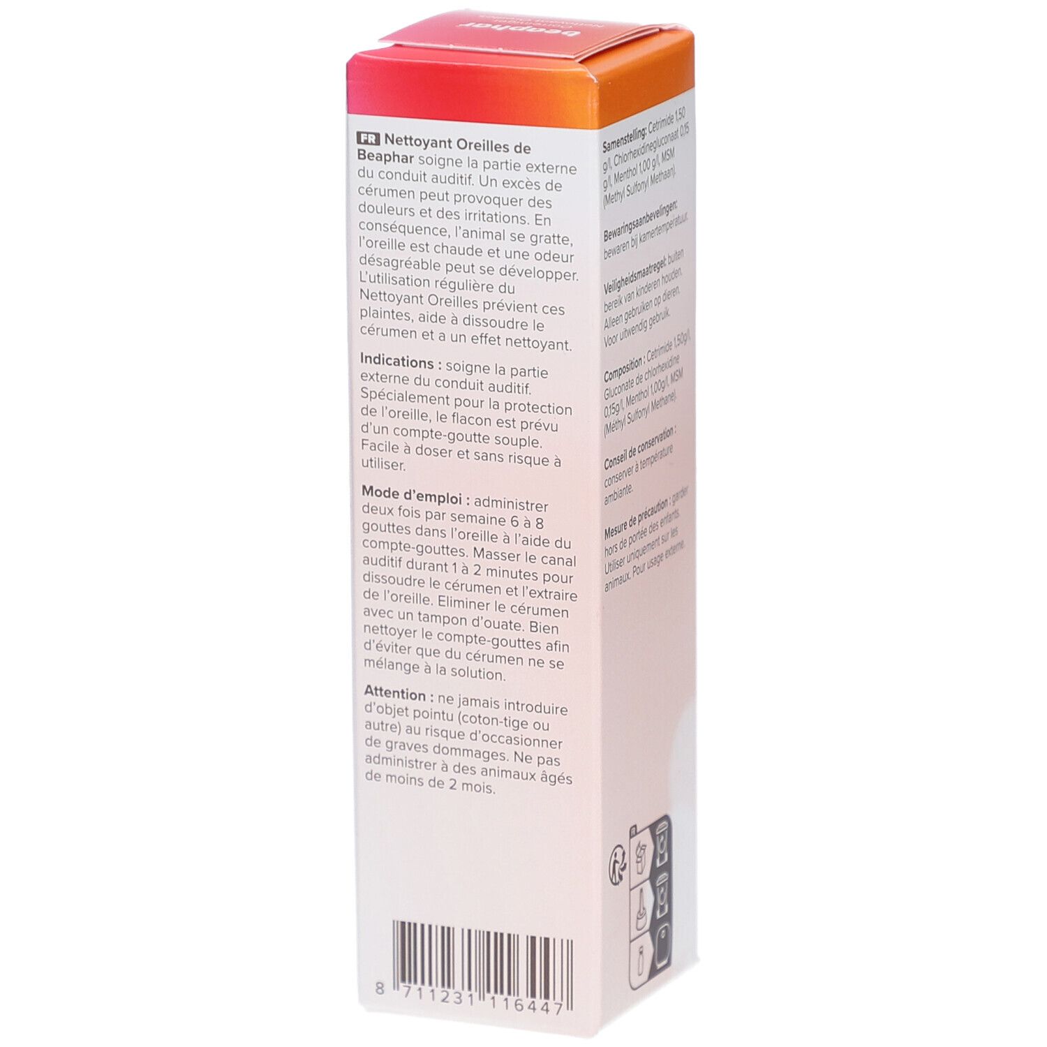 Côté de la boîte Beaphar Nettoyant Oreilles. Texte: Mode d'emploi, attention, 50 ml.