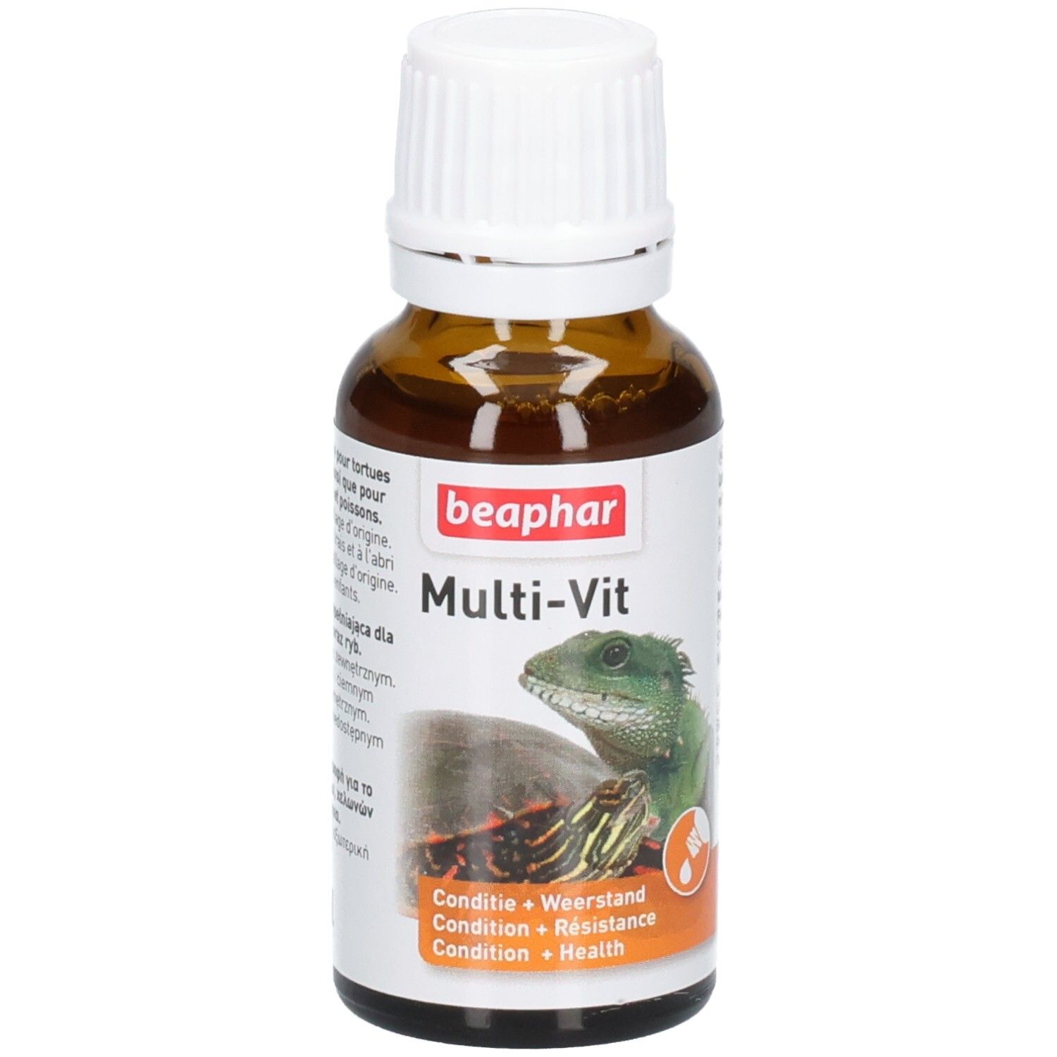 Bruine fles met witte dop. Etiket met "beaphar Multi-Vit" en afbeeldingen van schildpad en hagedis. Oranje gedeelte met tekst.