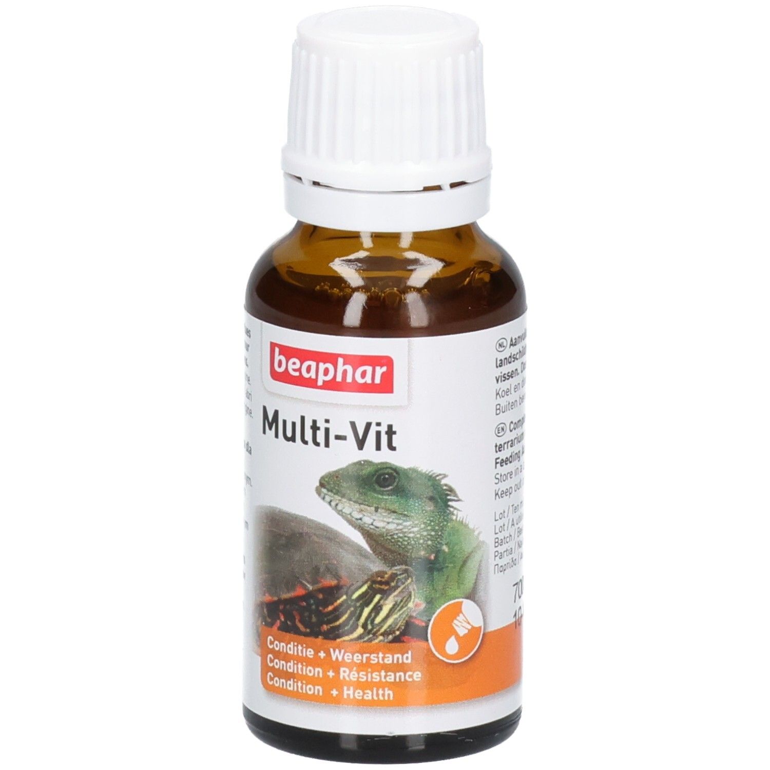 Bruine fles met witte dop. Etiket met "beaphar Multi-Vit" en afbeeldingen van schildpad en hagedis. Oranje gedeelte met tekst.