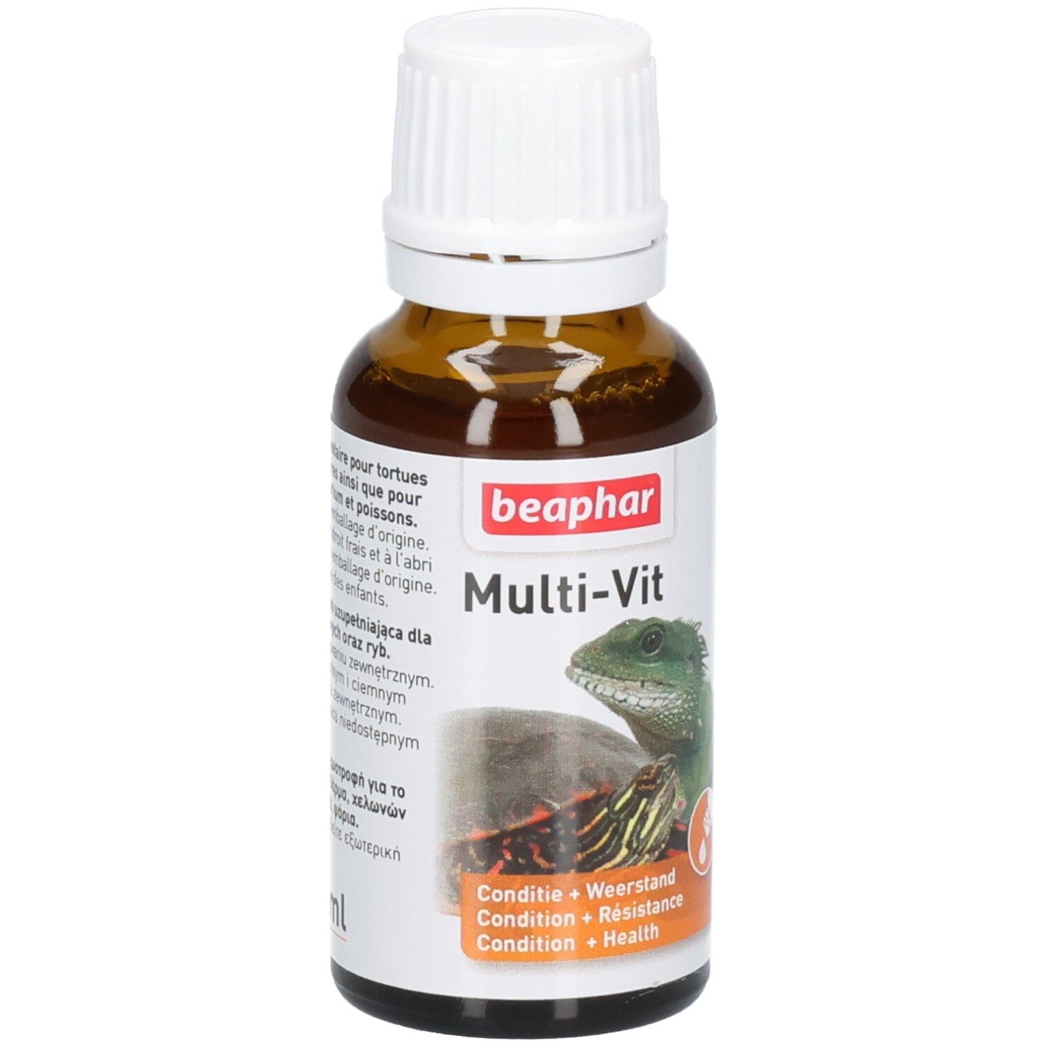 Bruine fles met witte dop. Etiket met "beaphar Multi-Vit" en afbeeldingen van schildpad en hagedis. Oranje gedeelte met tekst.
