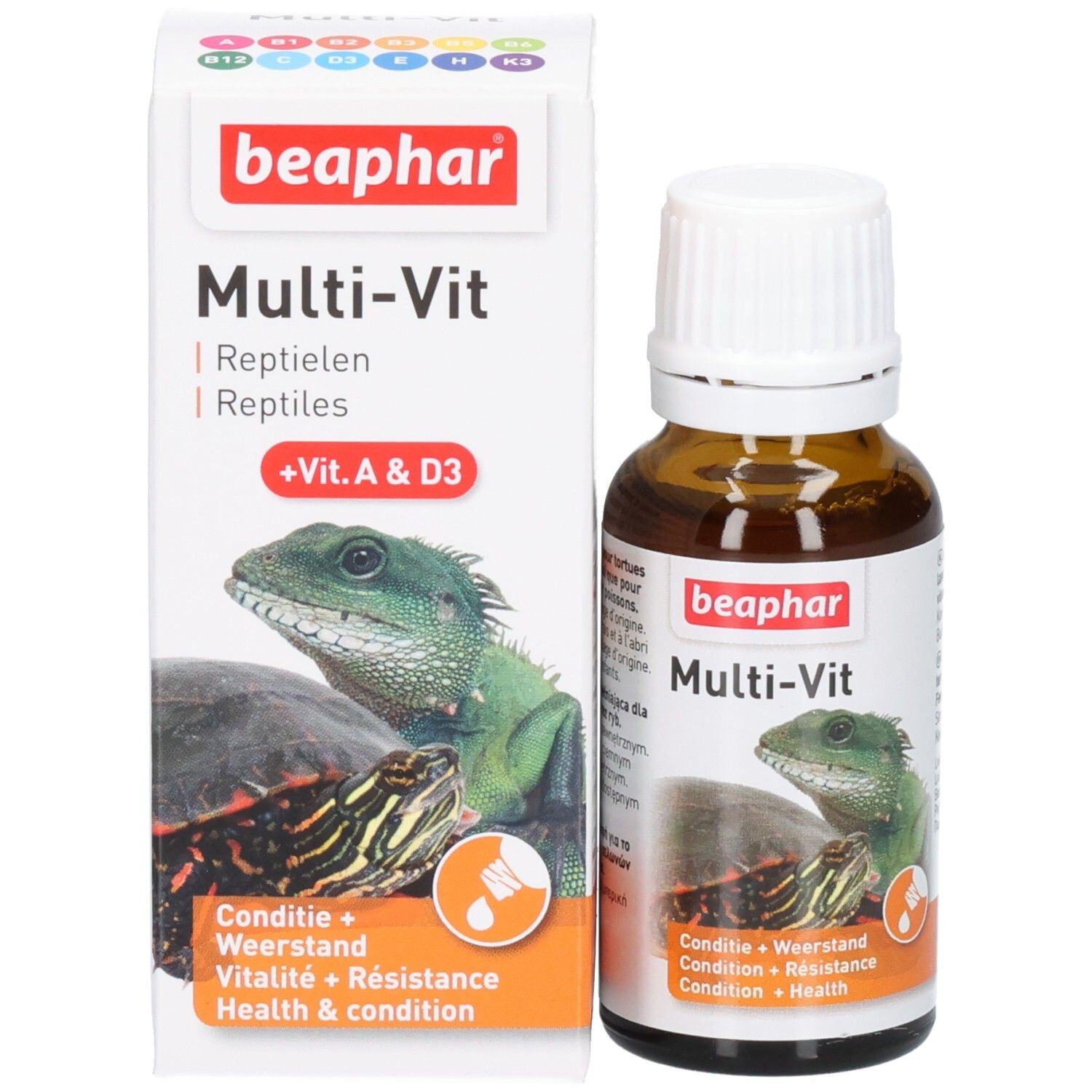 Productverpakking met fles en doos. Doos met "beaphar Multi-Vit" en afbeeldingen van schildpad en hagedis. Extra vitamines.
