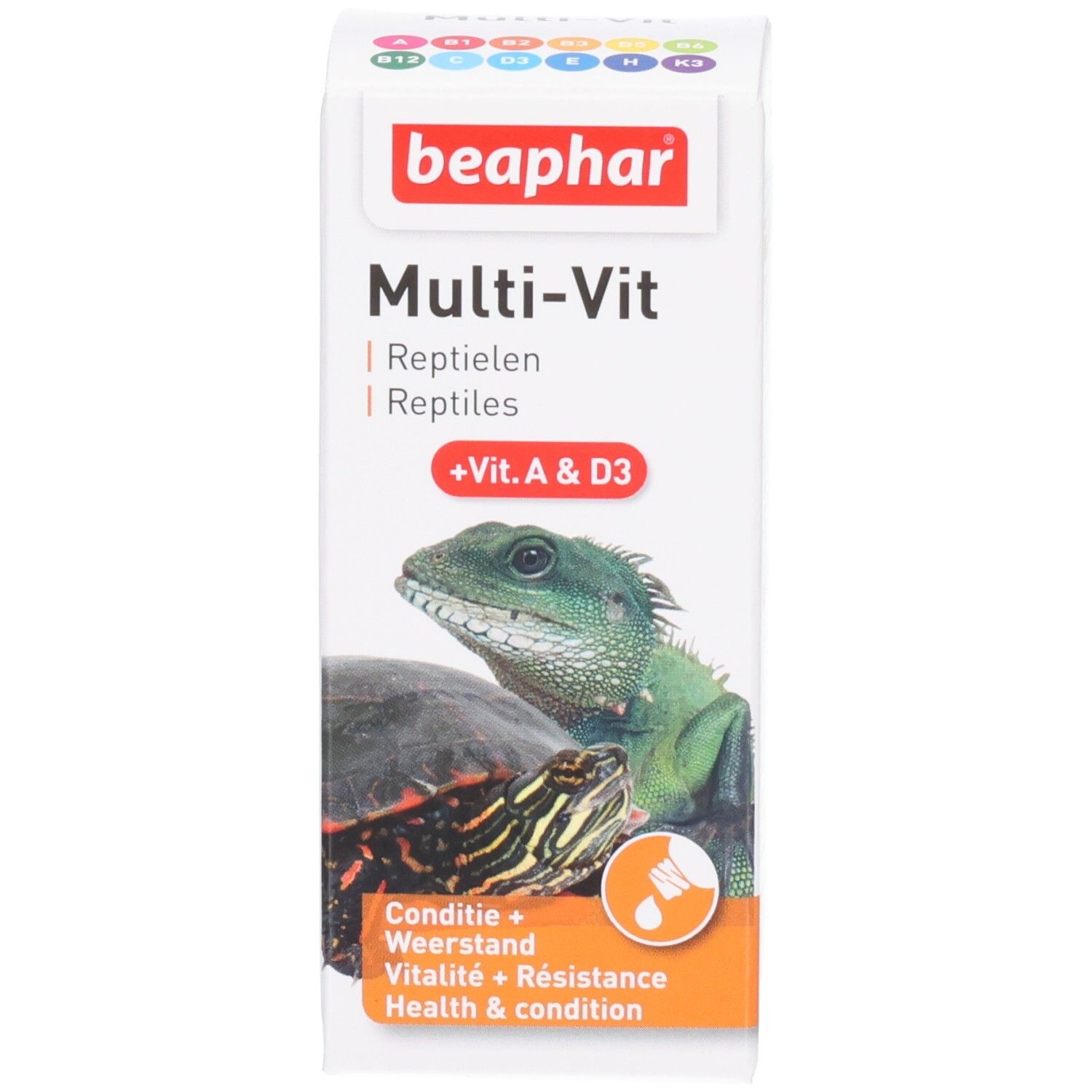 Productverpakking met doos. Doos met "beaphar Multi-Vit" en afbeeldingen van schildpad en hagedis. Extra vitamines.