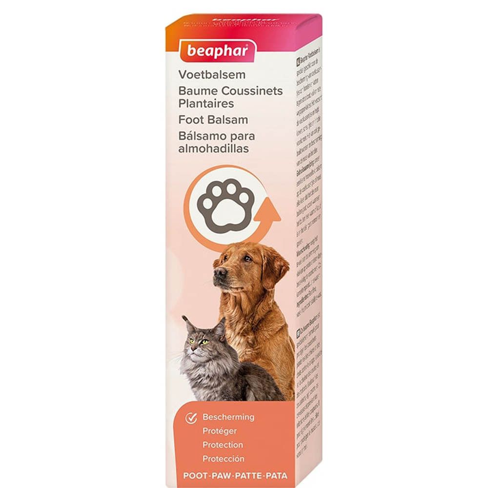 Emballage du produit. Face avant. Illustration: chien et chat. Texte: Beaphar, Voetbalsem, Baume Coussinets Plantaires.