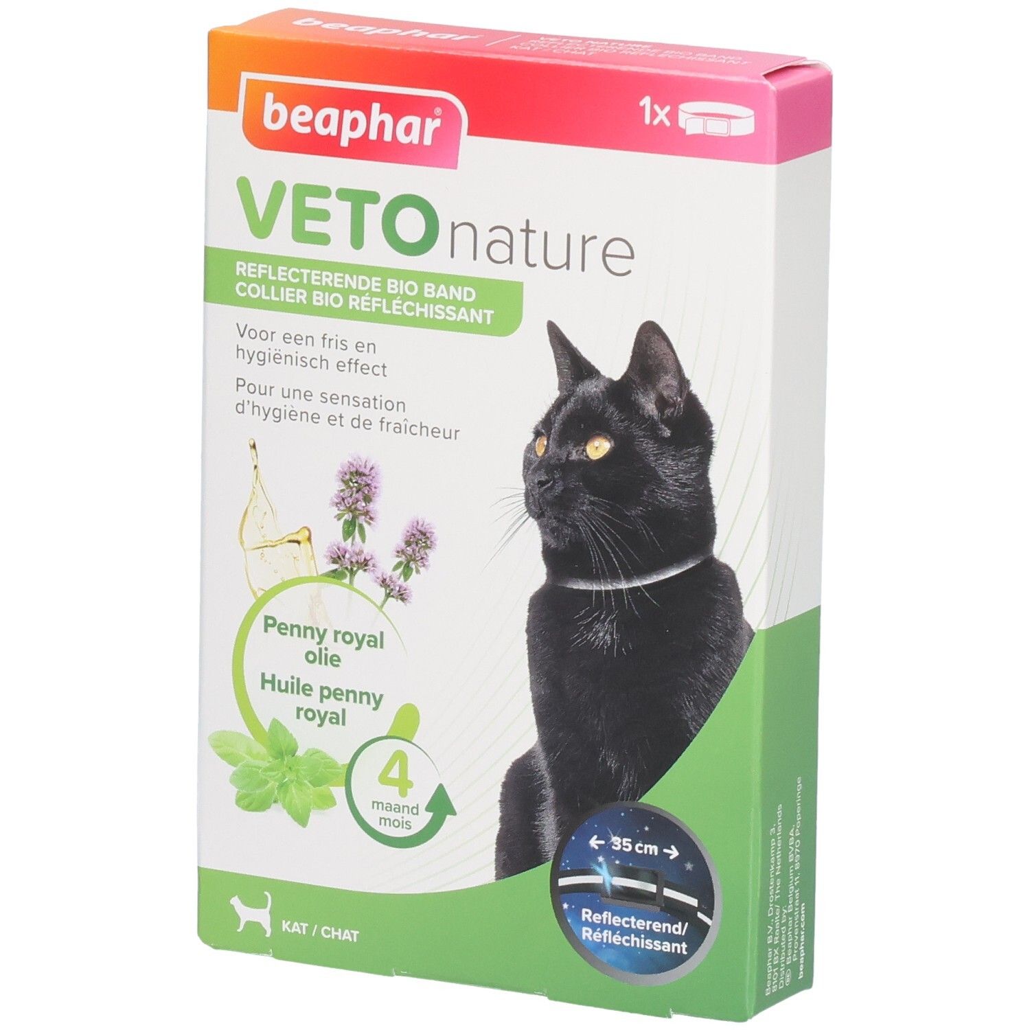 Verpakking Beaphar Vetonature Bio Reflecterende Band voor katten. Penny royal olie. 4 maanden bescherming. Kat met halsband.