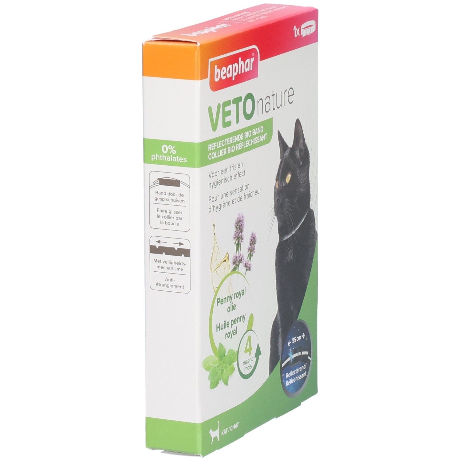 Doos Beaphar Vetonature Bio Reflecterende Band. Penny royal olie. 0% ftalaten. Kat met halsband. Zijaanzicht.