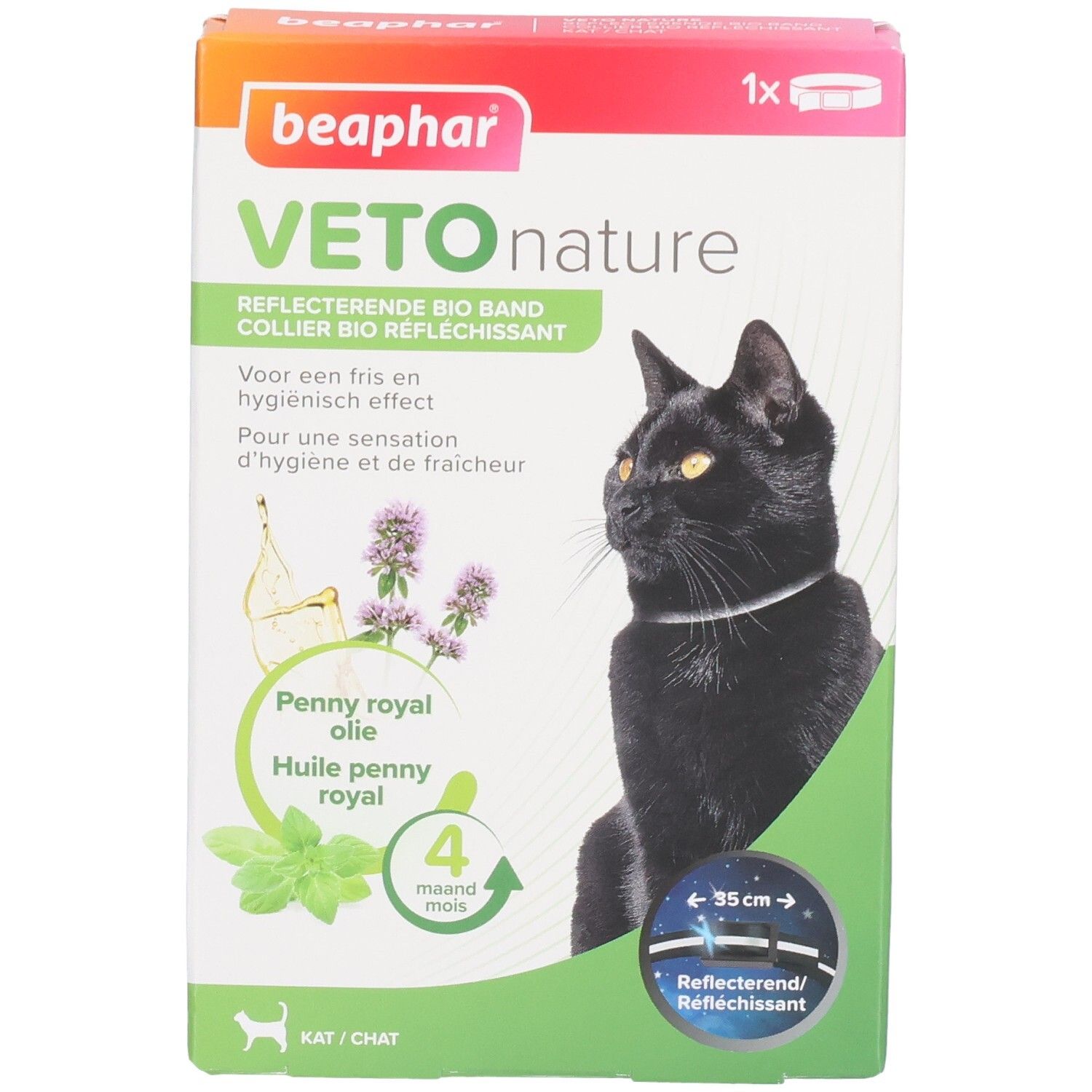 Verpakking Beaphar Vetonature Bio Reflecterende Band voor katten. Penny royal olie. 4 maanden bescherming. Kat met halsband.
