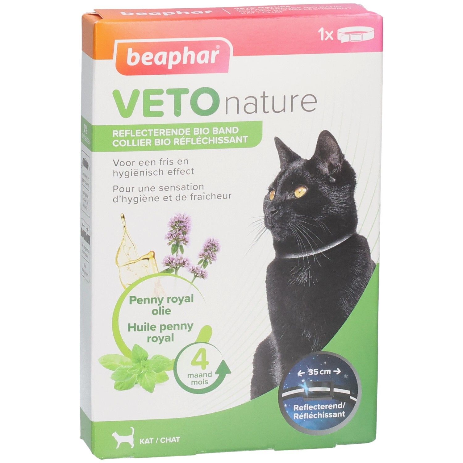 Verpakking Beaphar Vetonature Bio Reflecterende Band voor katten. Penny royal olie. 4 maanden bescherming. Kat met halsband.