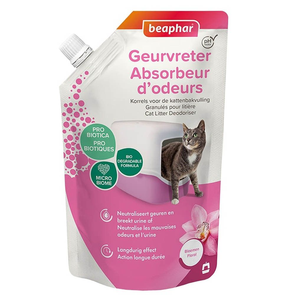 Beaphar Geurvreter Absorbeur d'odeurs verpakking. Roze-witte zak met kat en orchidee. Tekst: Pro Biotica, Bio formule, Neutraliseert geuren.