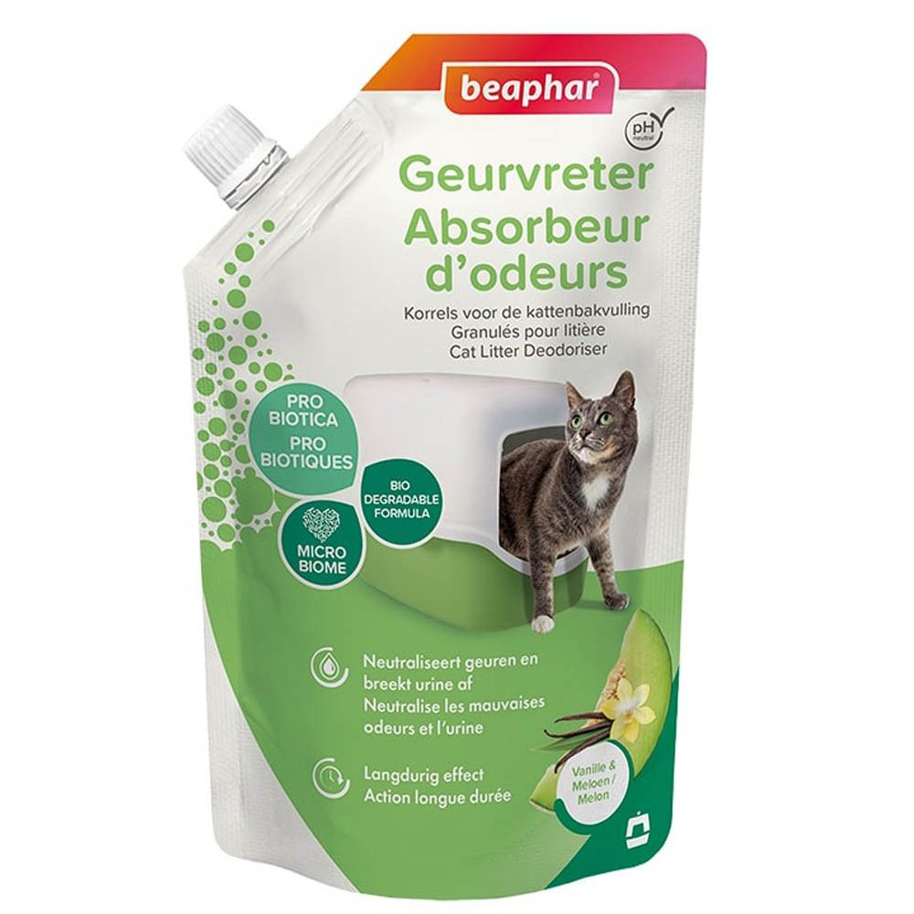 Zak Beaphar Geurvreter Absorbeur d'odeurs. Kat in kattenbak-opening. Tekst: Pro Biotica, Micro Biome, biologisch afbreekbaar.