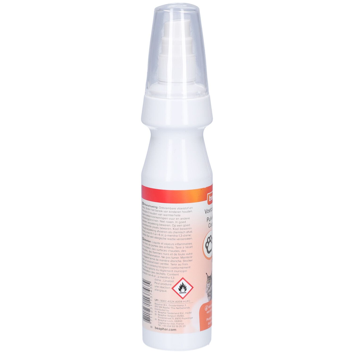 Dos du flacon spray blanc. Texte multilingue. Avertissement : Inflammable. Images de patte, chat et chien.