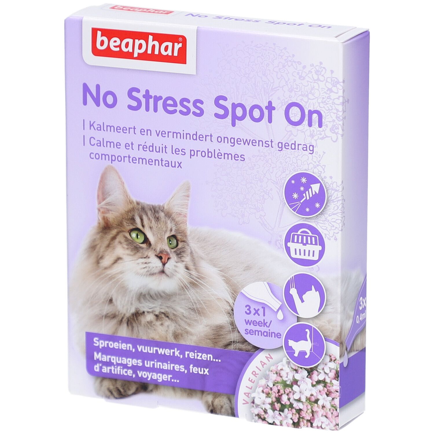 Beaphar® No Stress Spot On Chat-verpakking. Paars-witte doos met kat, productnaam en illustraties.