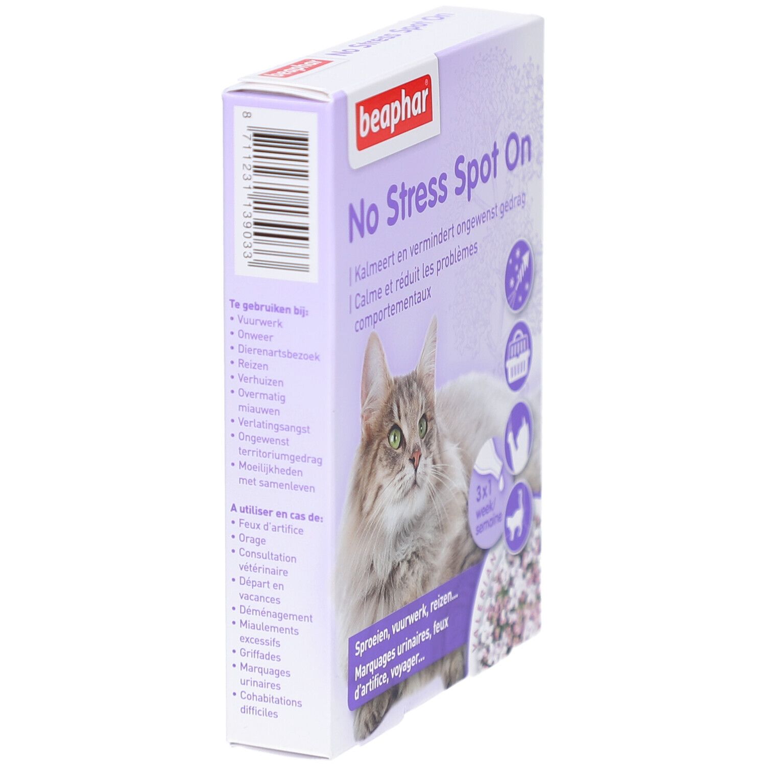 Beaphar® No Stress Spot On Chat-verpakking. Doos met productnaam, kat en tekst. Zijaanzicht.