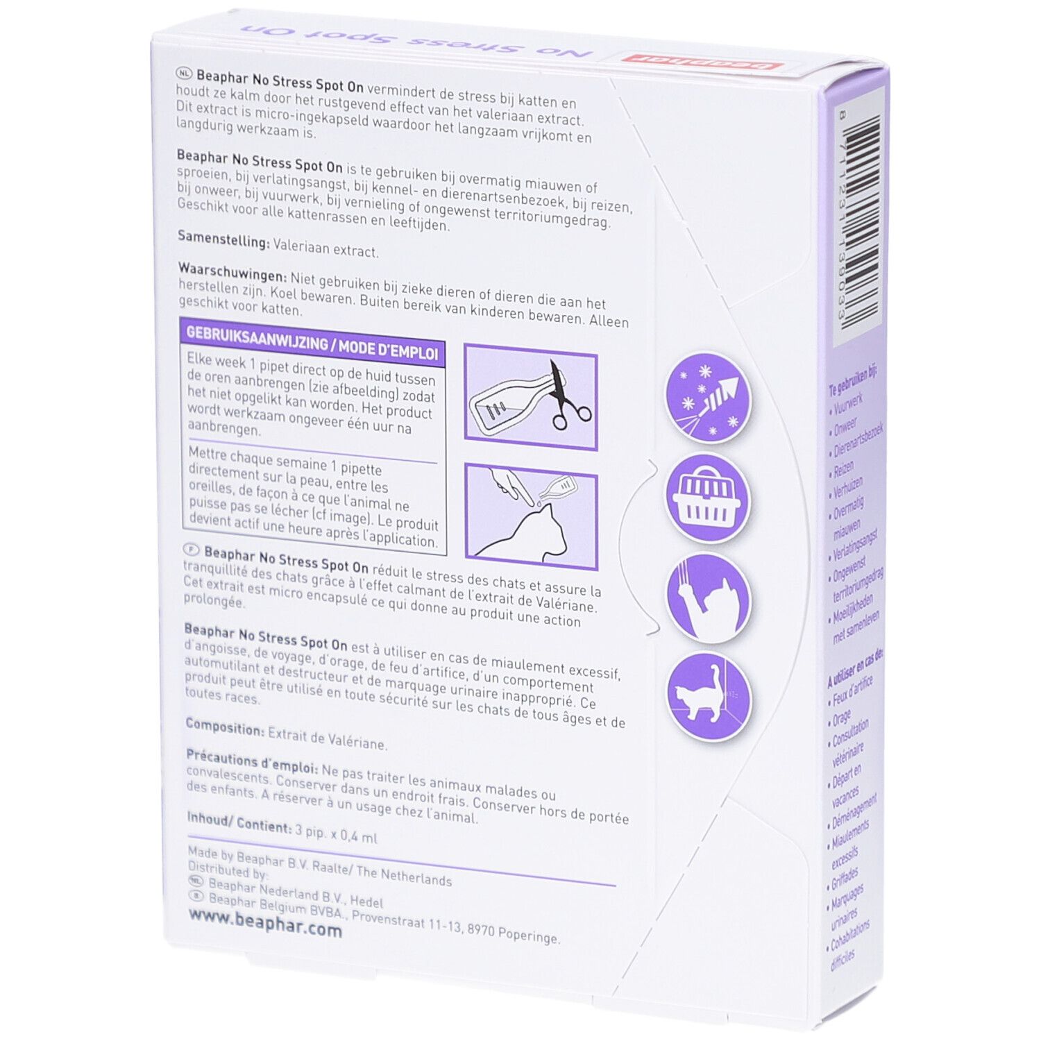 Achterkant van de Beaphar® No Stress Spot On Chat-verpakking. Tekst, illustraties en instructies.