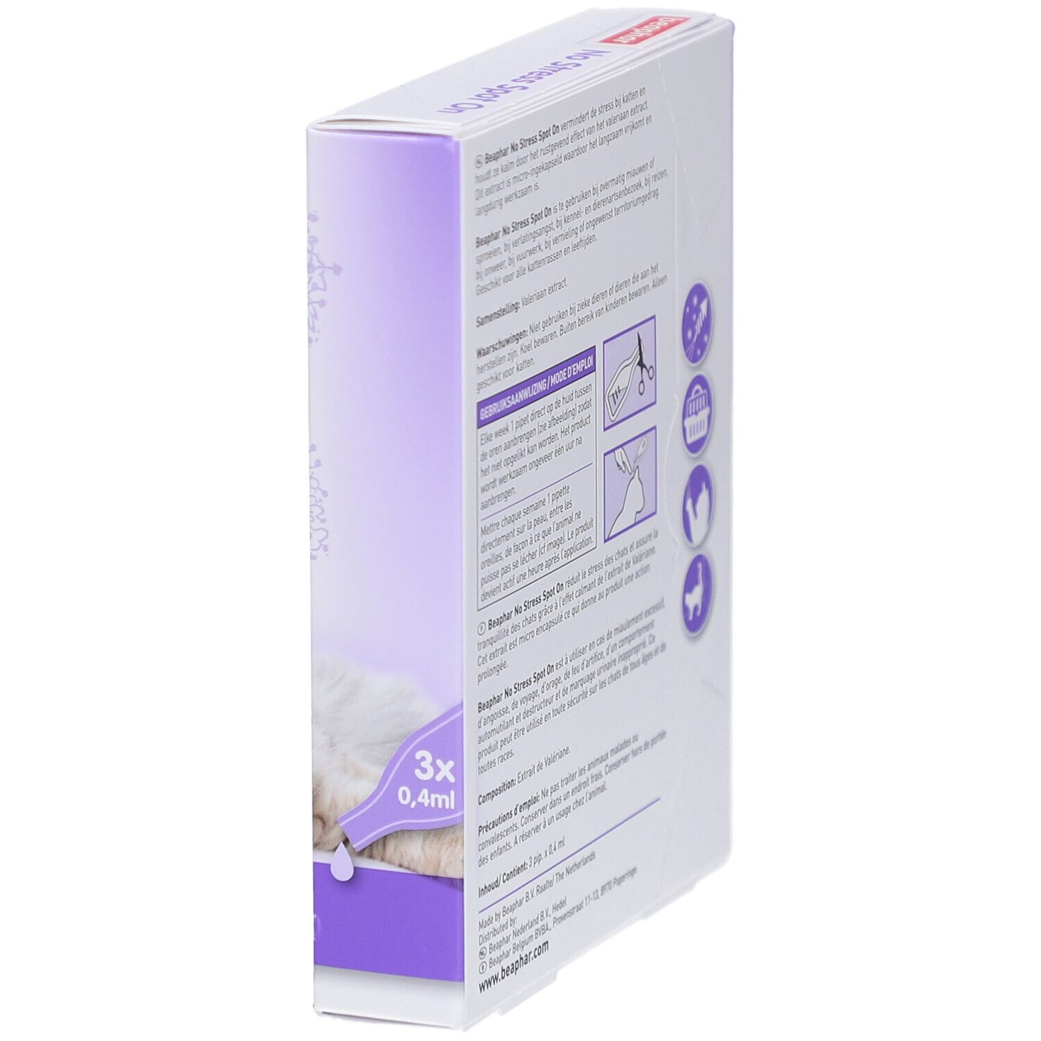Beaphar® No Stress Spot On Chat-verpakking. Zijaanzicht met productinformatie en dosering.