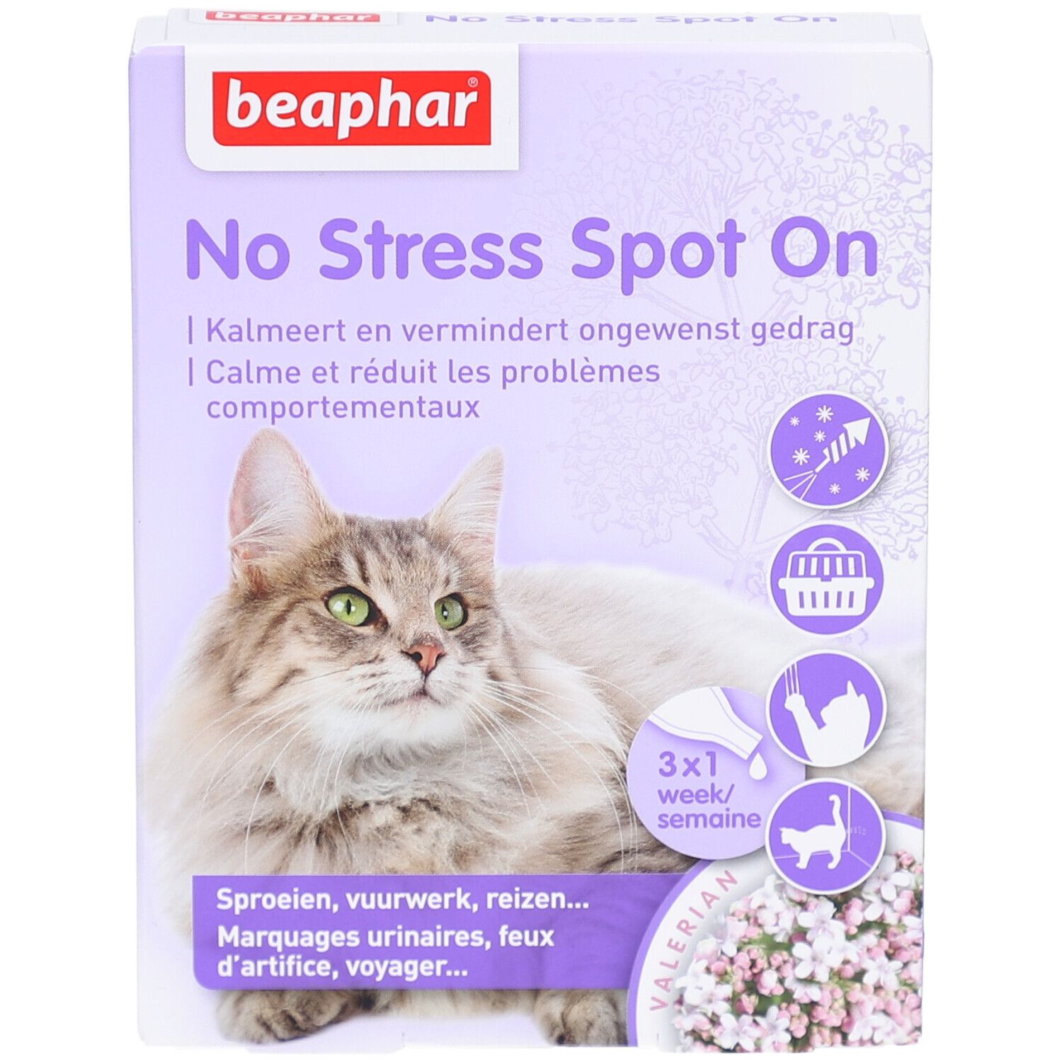 Beaphar® No Stress Spot On Chat-verpakking. Paars-witte doos met kat, productnaam en illustraties.