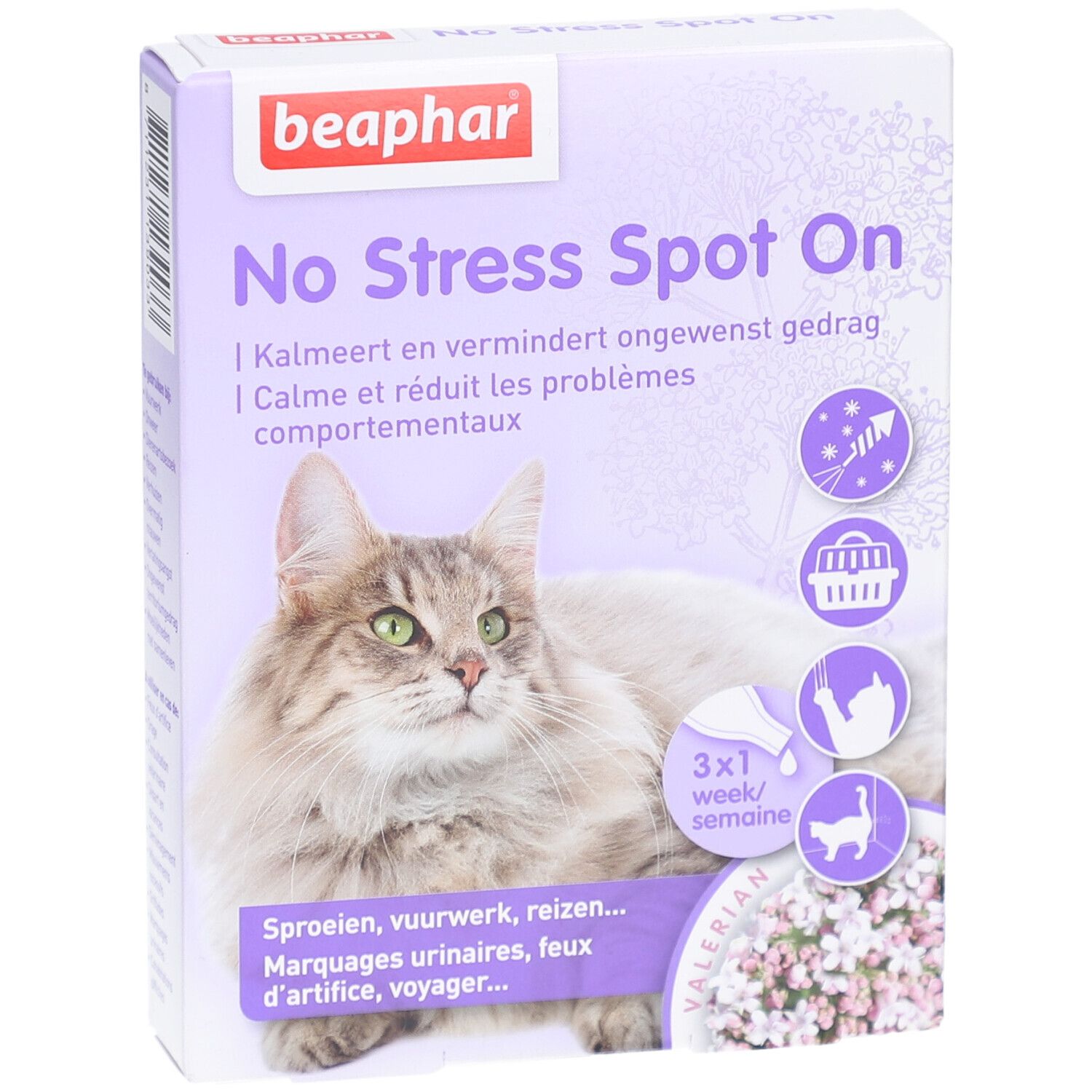 Beaphar® No Stress Spot On Chat-verpakking. Paars-witte doos met kat, productnaam en illustraties.